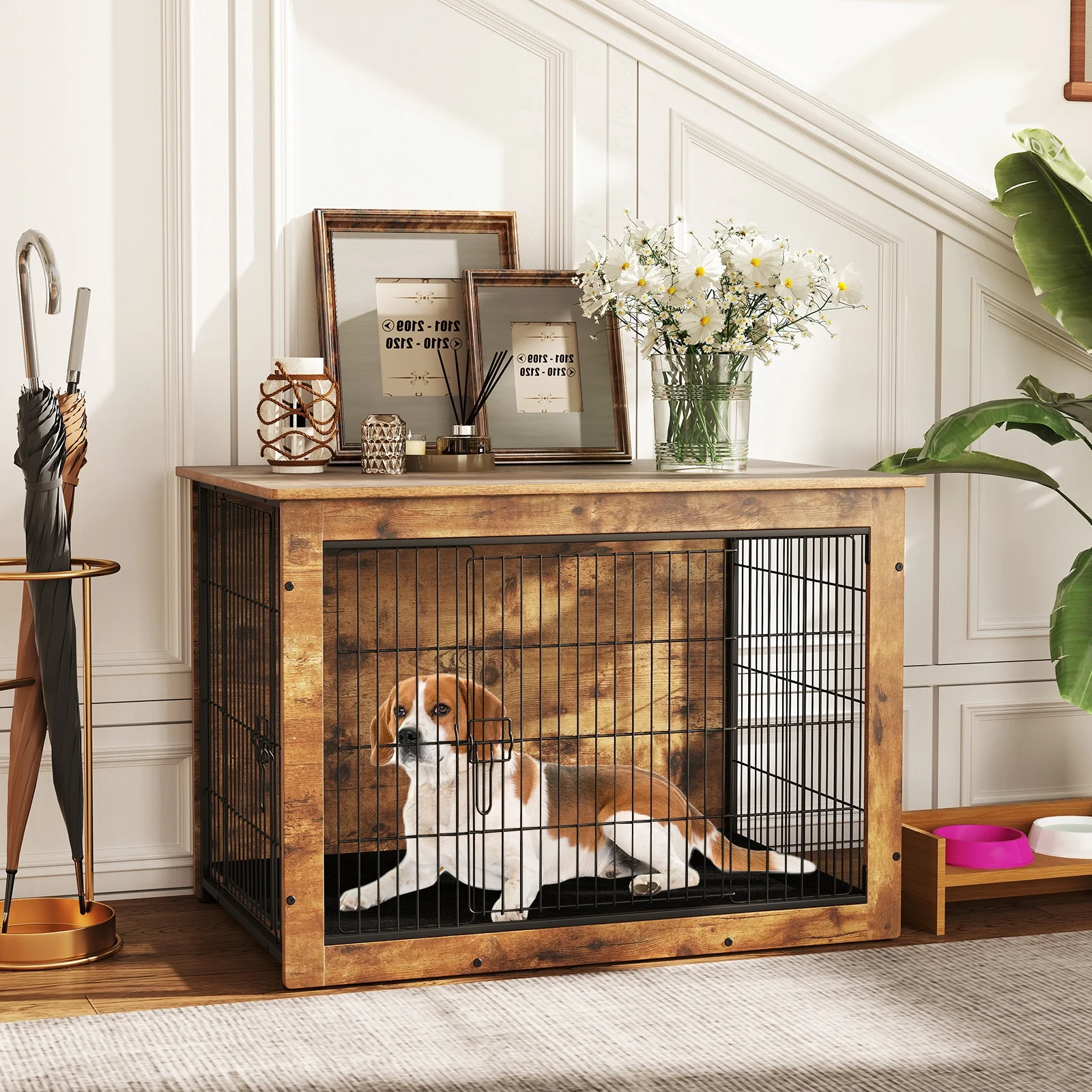Dog Crate Furniture With Cushion, Double Doors, 37 Inches - Image 2