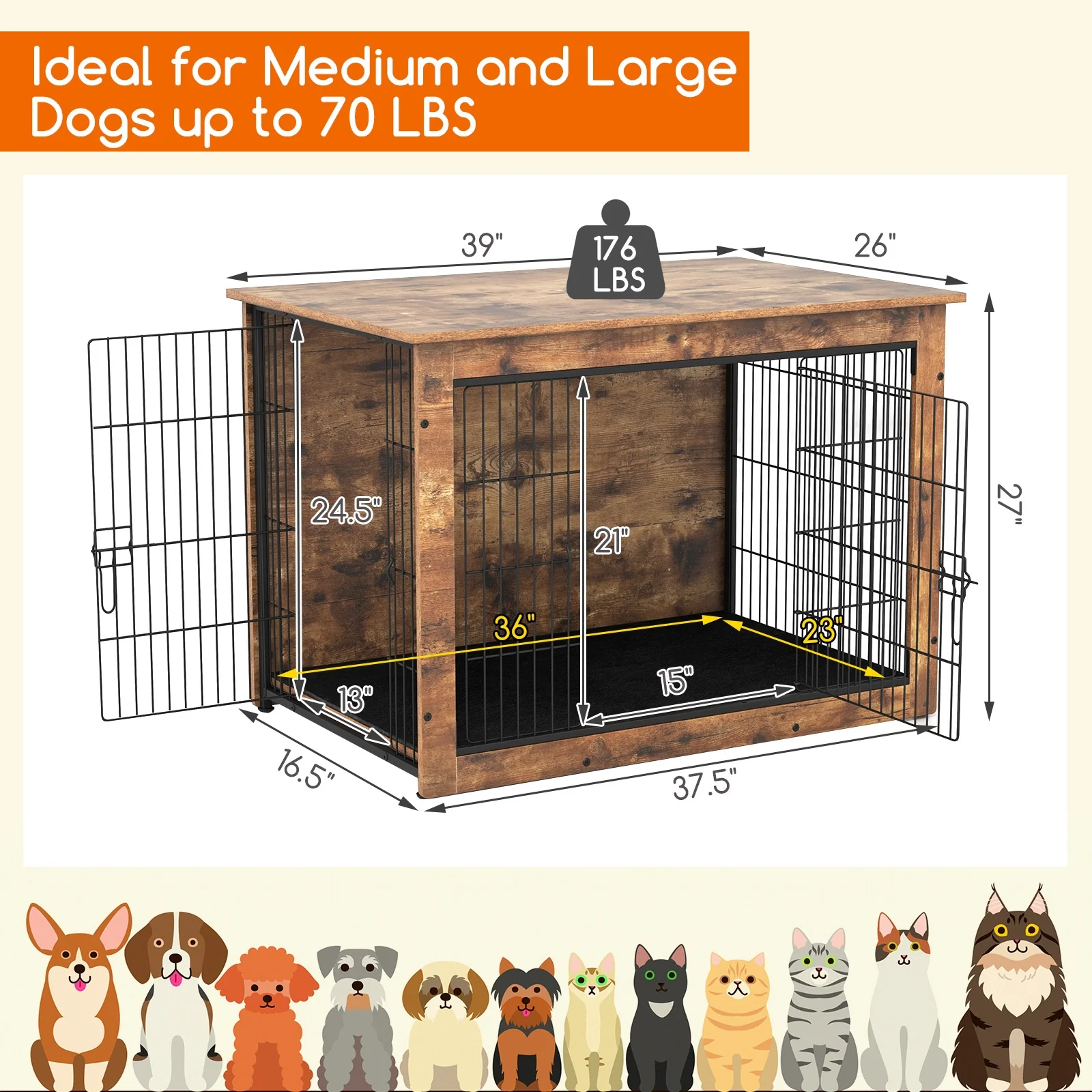 Dog Crate Furniture With Cushion, Double Doors, 37 Inches - Image 6