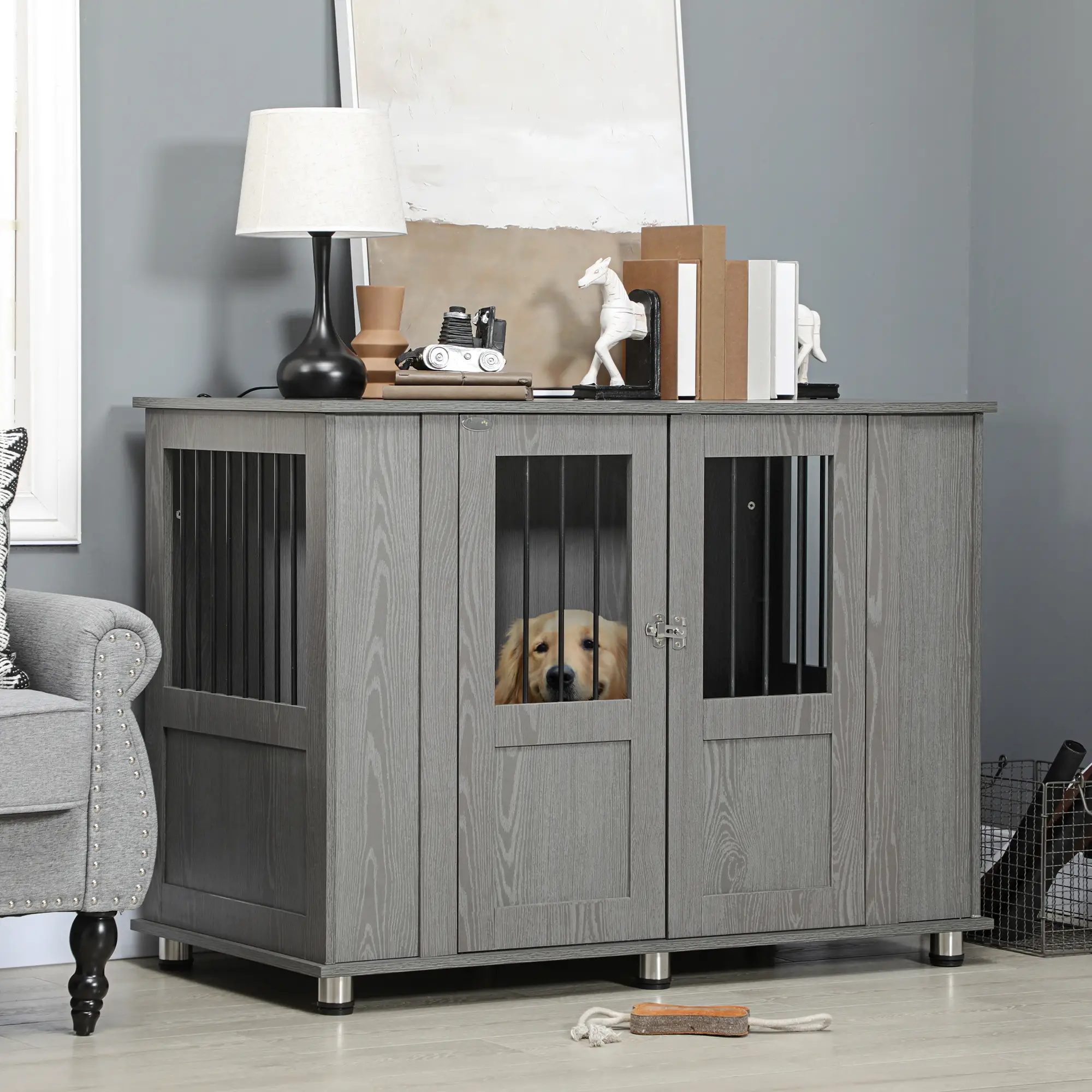Dog Crate Furniture with Lockable Magnetic Door, Adjustable feet for Extra Large, Medium &; Small Dogs, Indoor Use, Grey - Image 9