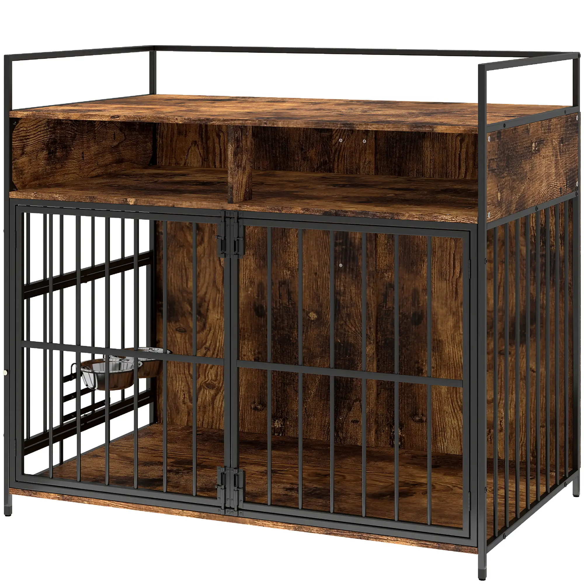 Dog Crate Furniture With Rotating Feeding Station, Rustic Brown