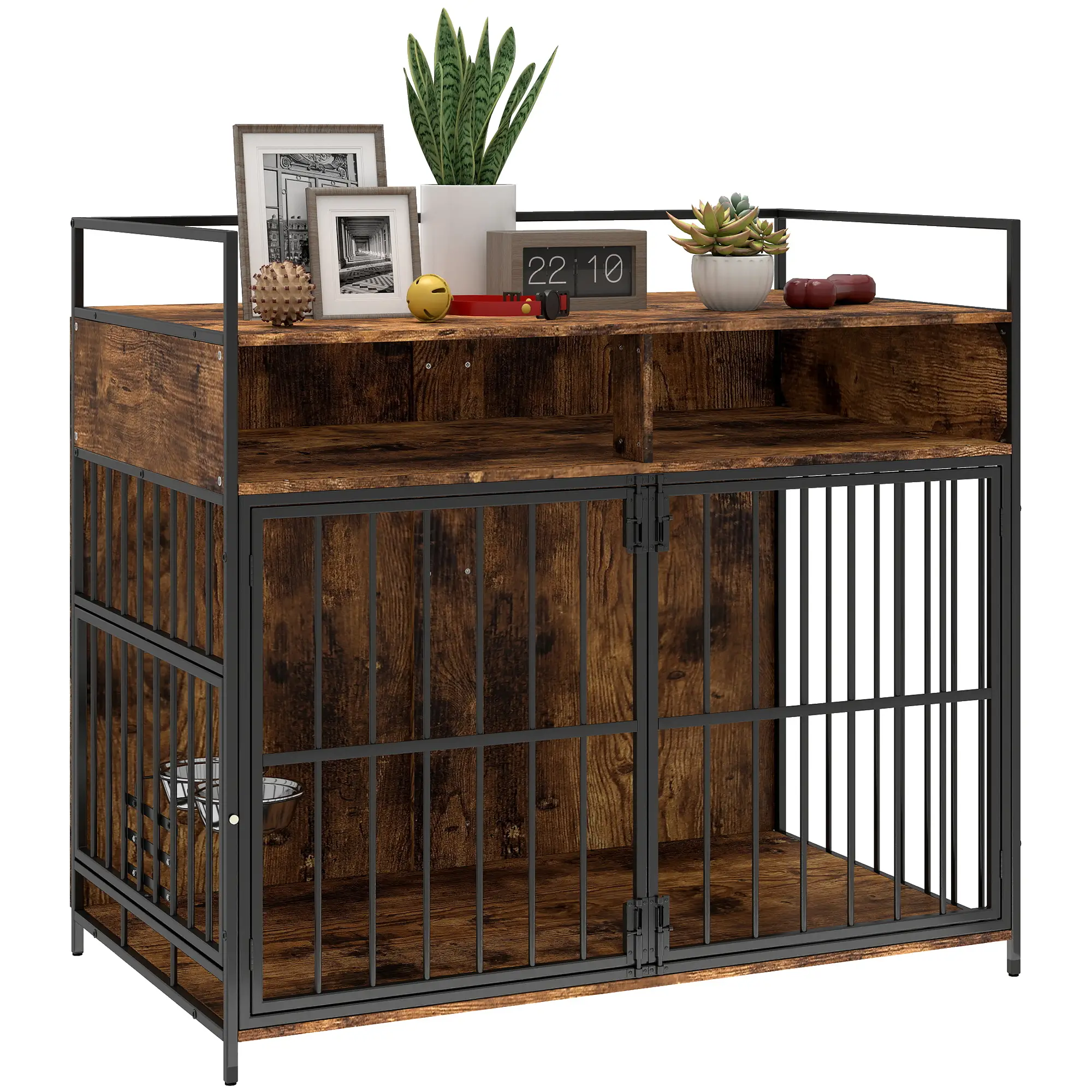 Dog Crate Furniture With Rotating Feeding Station, Rustic Brown - Image 11