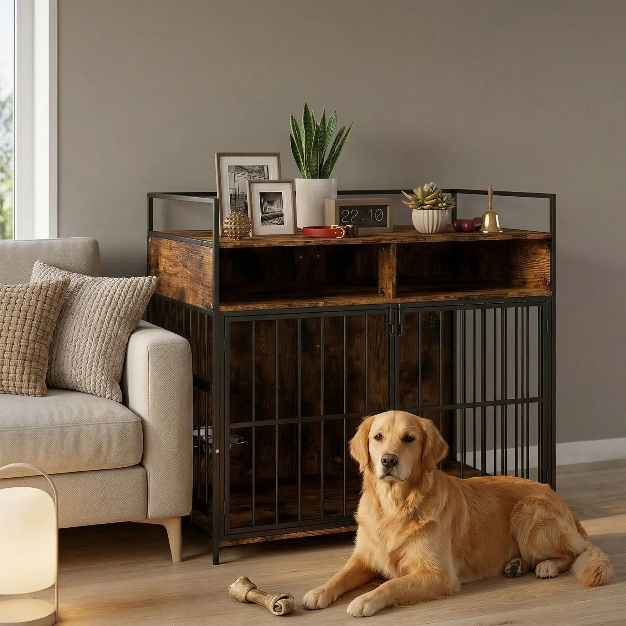 Dog Crate Furniture With Rotating Feeding Station, Rustic Brown - Image 2