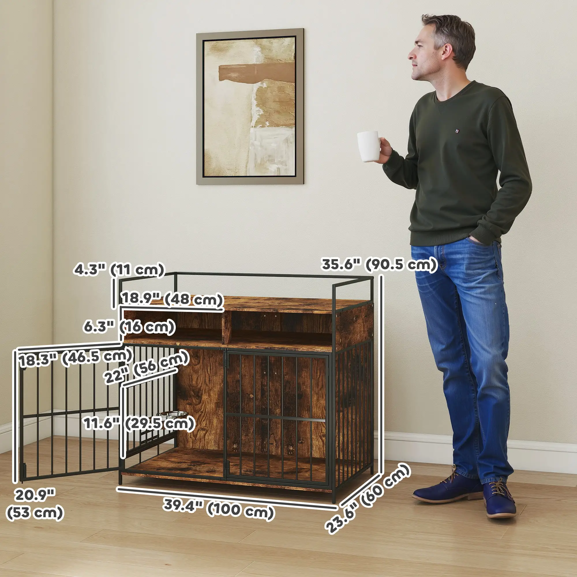 Dog Crate Furniture With Rotating Feeding Station, Rustic Brown - Image 3