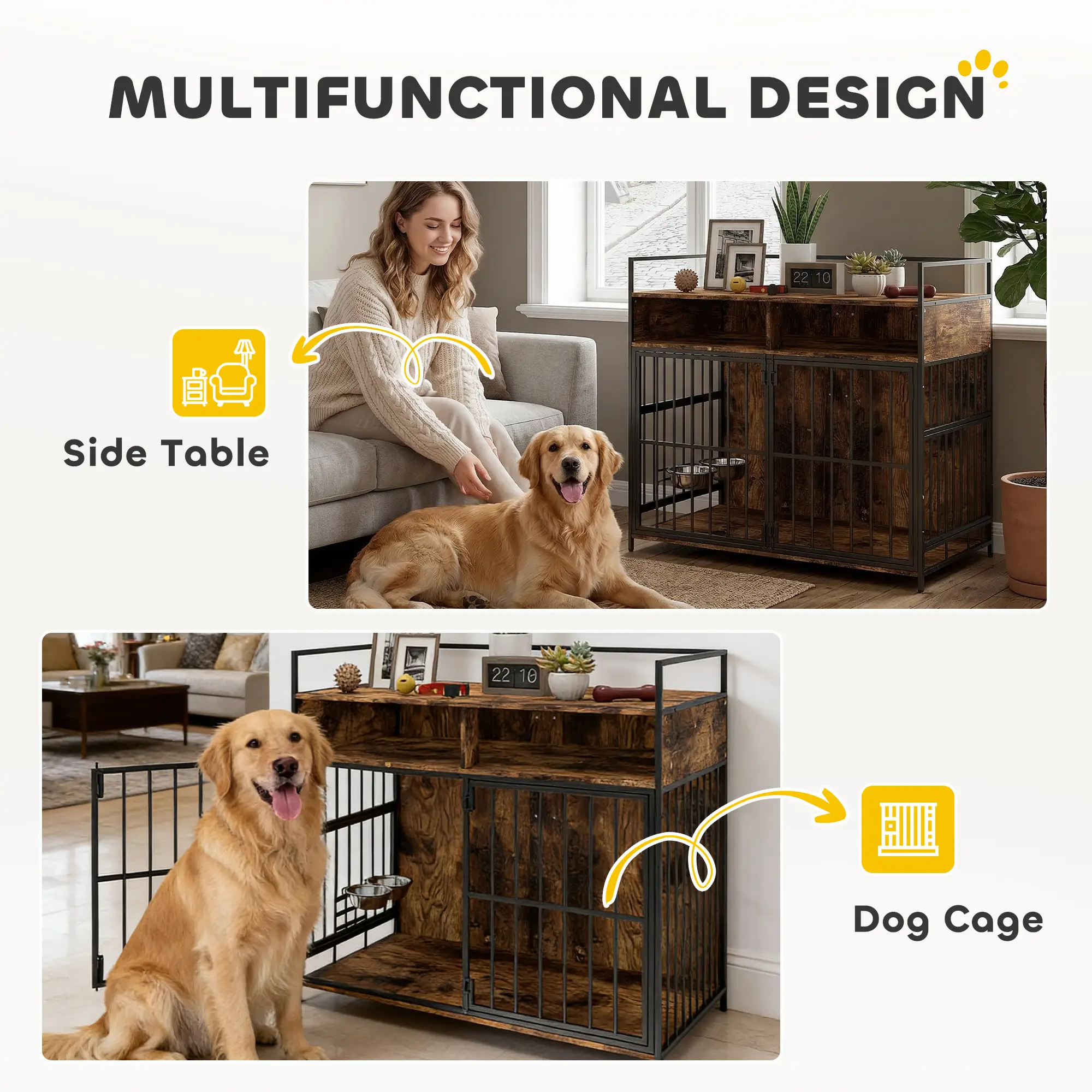 Dog Crate Furniture With Rotating Feeding Station, Rustic Brown - Image 4