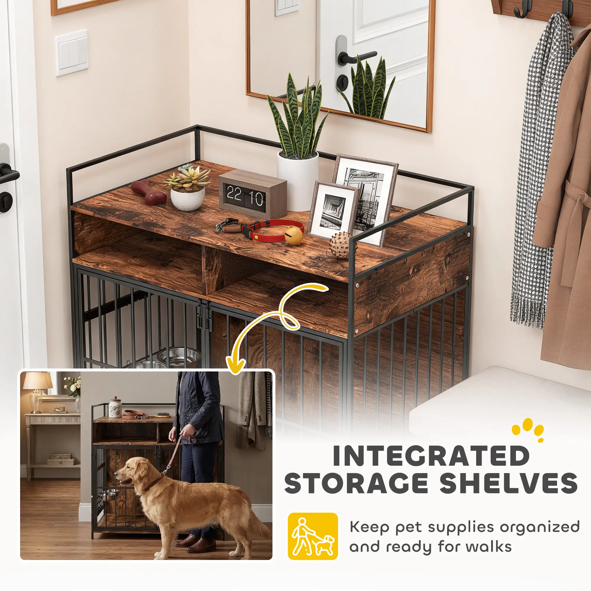 Dog Crate Furniture With Rotating Feeding Station, Rustic Brown - Image 5