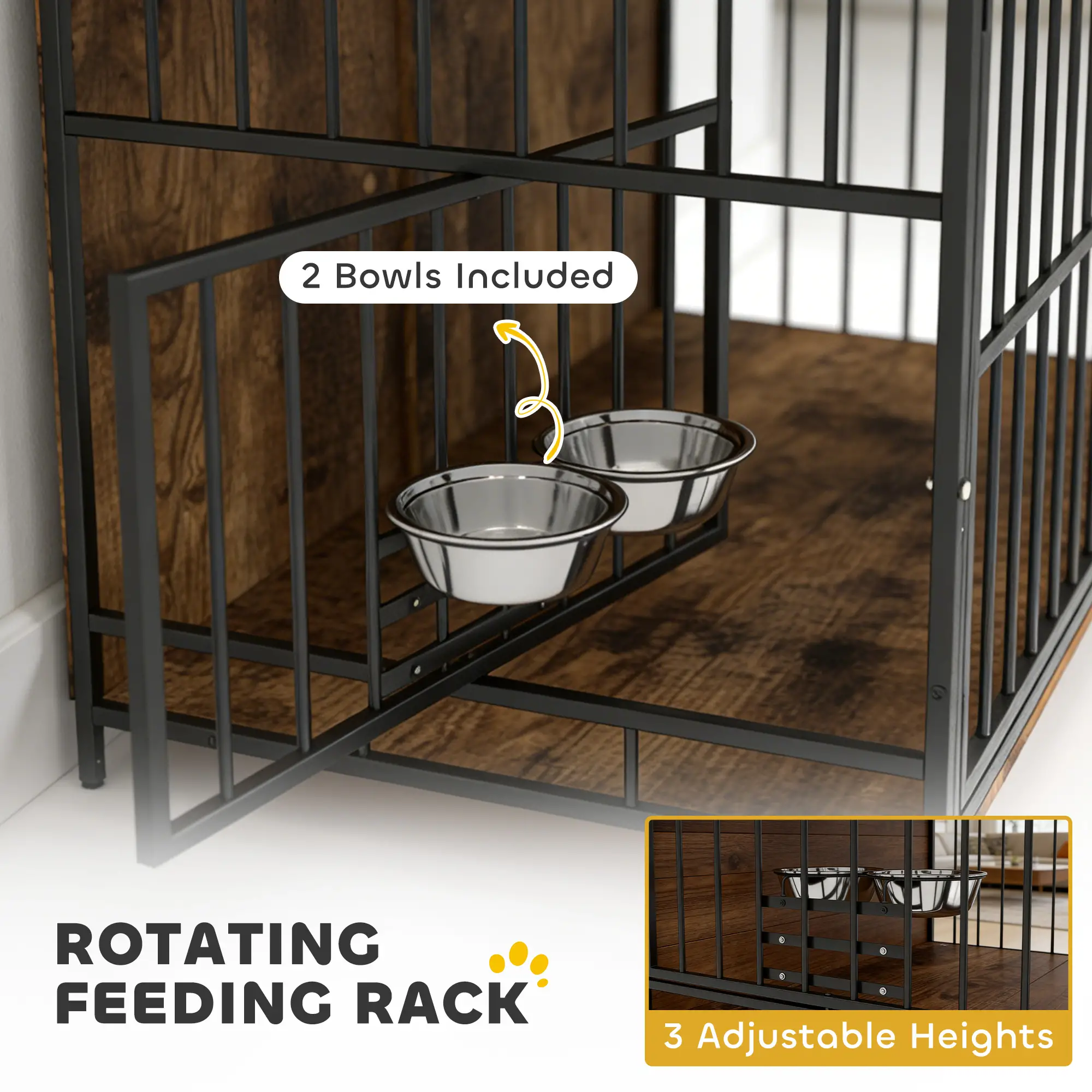 Dog Crate Furniture With Rotating Feeding Station, Rustic Brown - Image 6