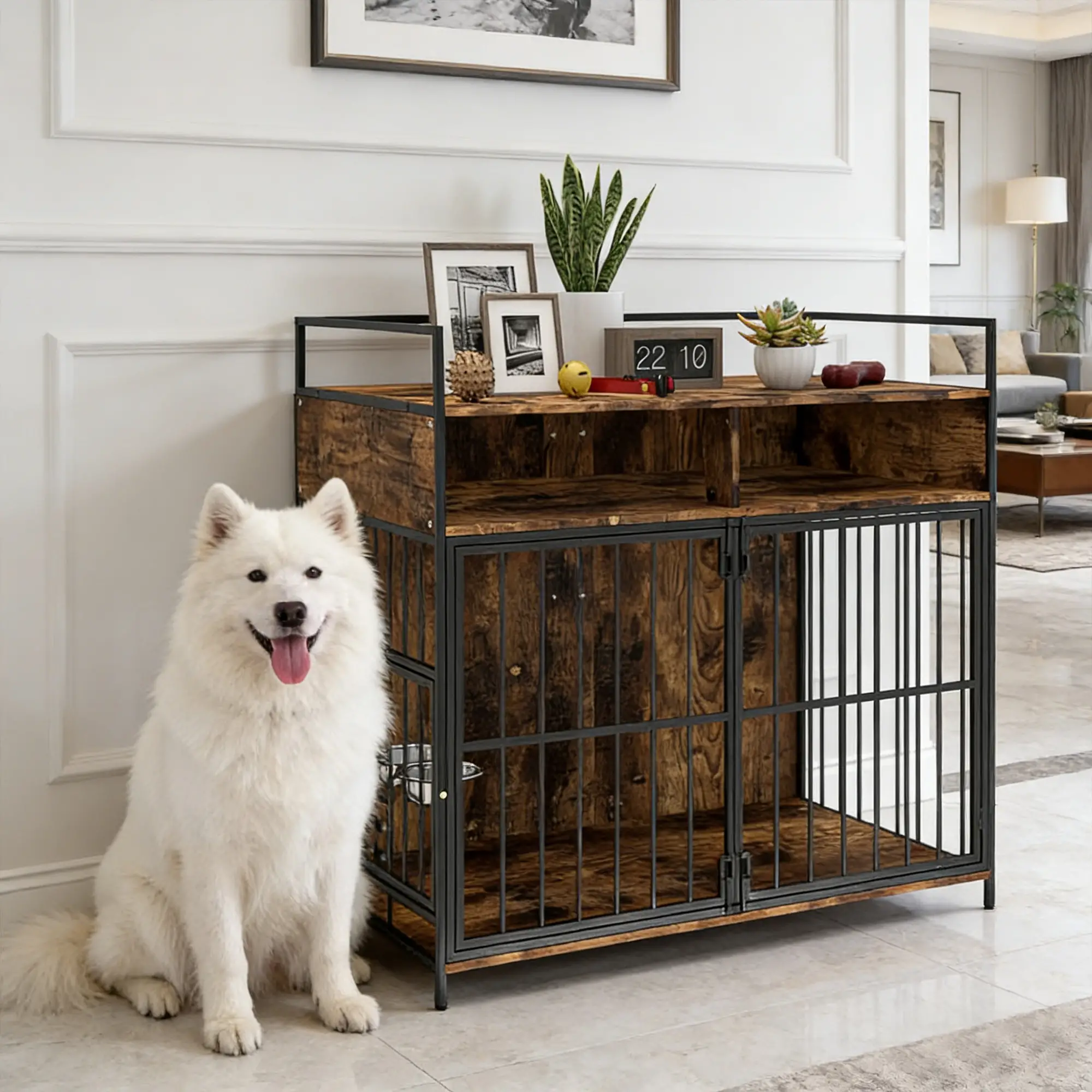 Dog Crate Furniture With Rotating Feeding Station, Rustic Brown - Image 8
