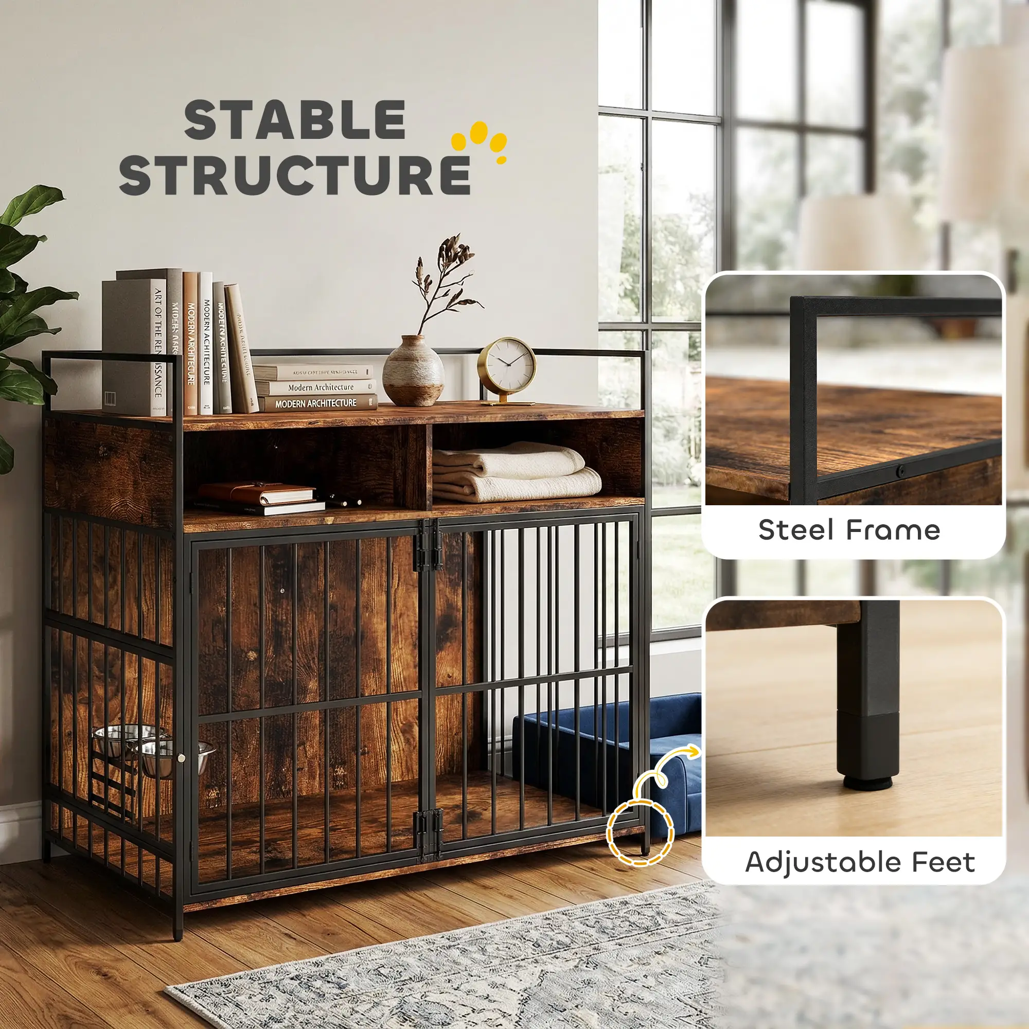 Dog Crate Furniture With Rotating Feeding Station, Rustic Brown - Image 9