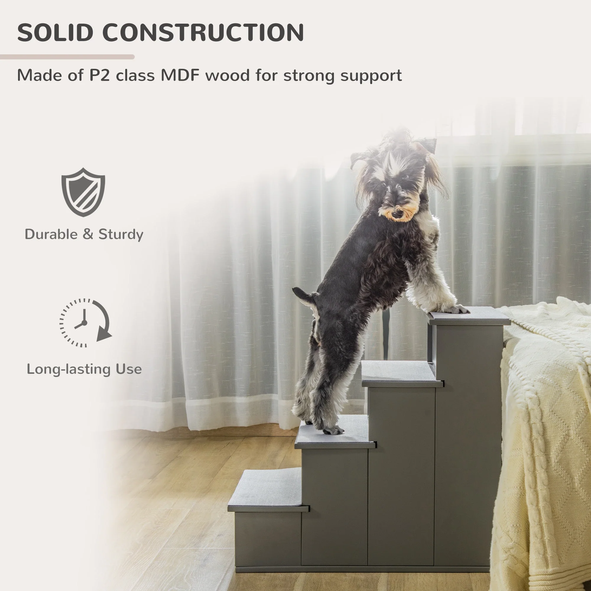 Dog Pet Stairs for Bed, Cat Ladder for Couch, Non-Slip Carpet, 15.7" x 23.2" x 21.3", Grey - Image 5