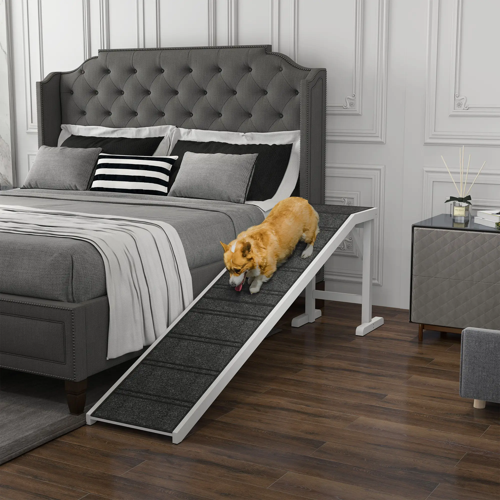 Dog Ramp with Non-Slip Carpet, Top Platform, 74" x 16" x 25", White - Image 2