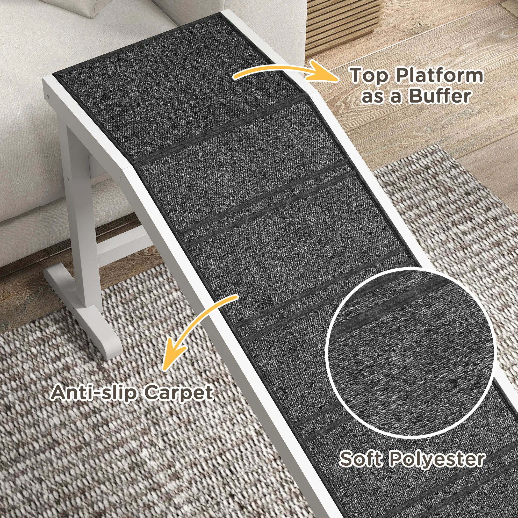 Dog Ramp with Non-Slip Carpet, Top Platform, 74" x 16" x 25", White - Image 6