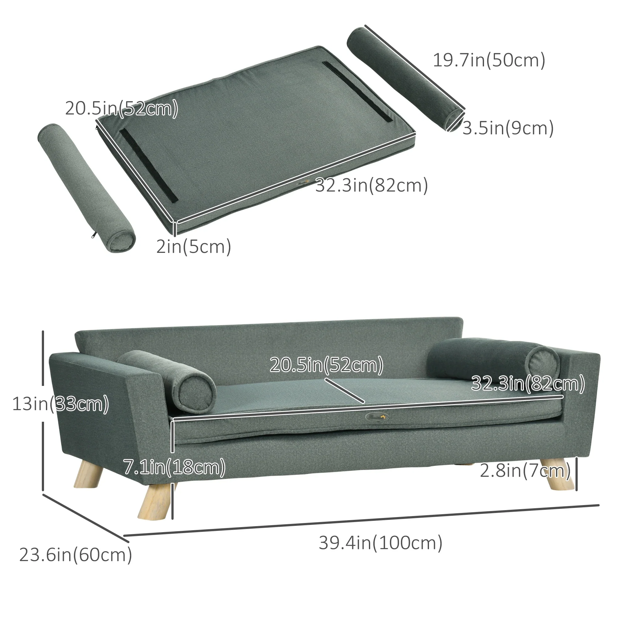 Dog Sofa Bed, Removable Pillows, Washable Cushion, Water-resistant, Medium Large, Grey - Image 3