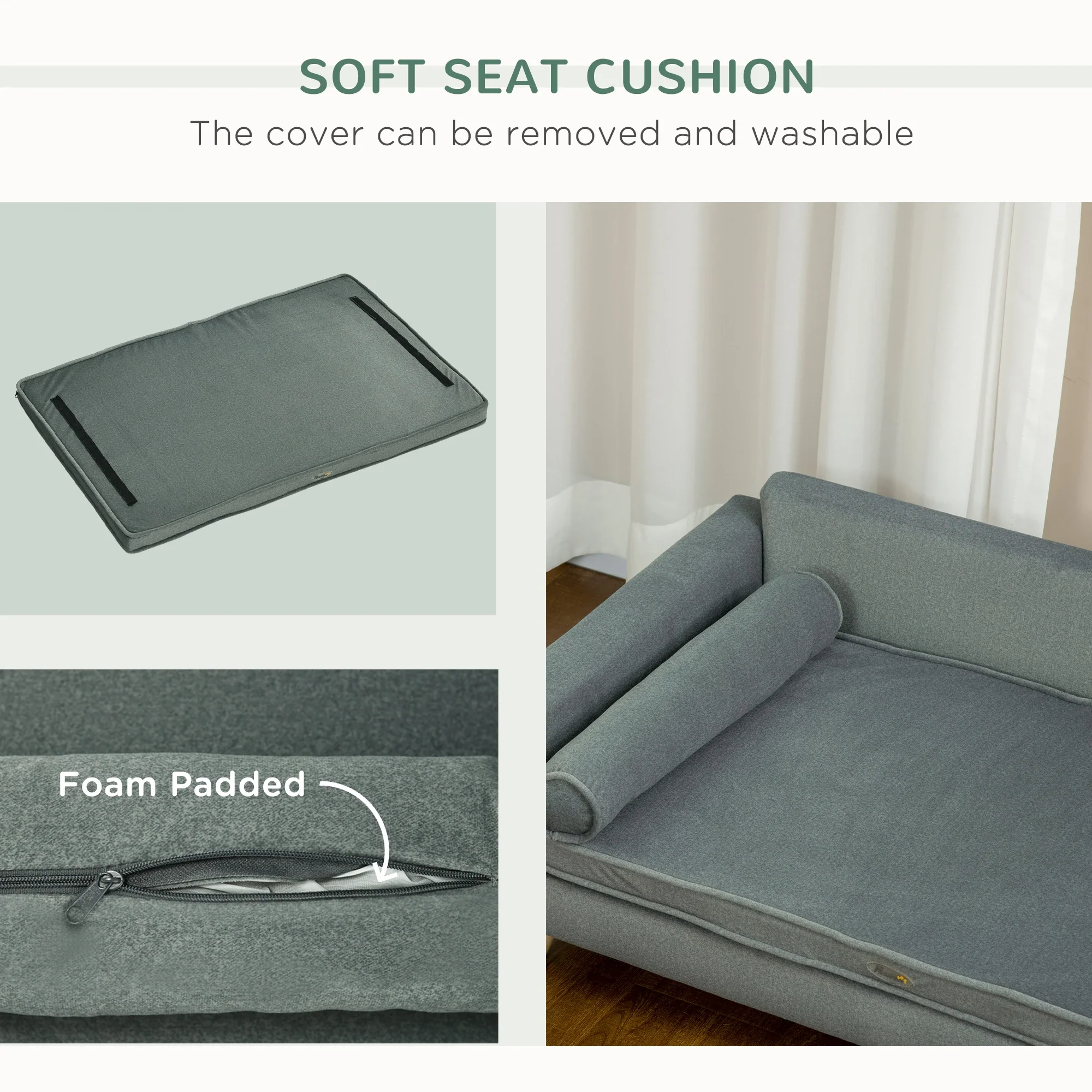 Dog Sofa Bed, Removable Pillows, Washable Cushion, Water-resistant, Medium Large, Grey - Image 7