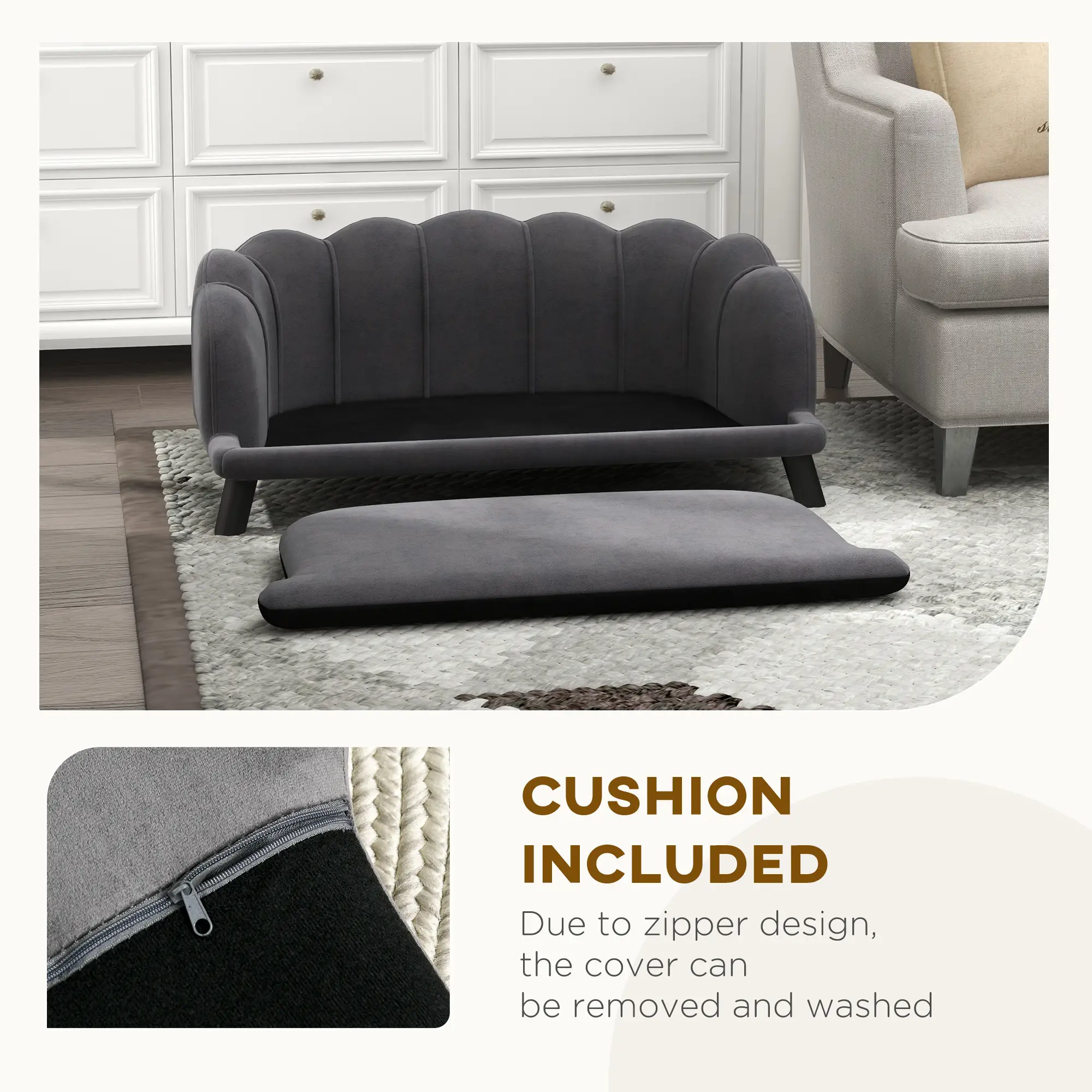 Dog Sofa, Removable Cushion, Wood Legs, Medium Large, Dark Grey - Image 7