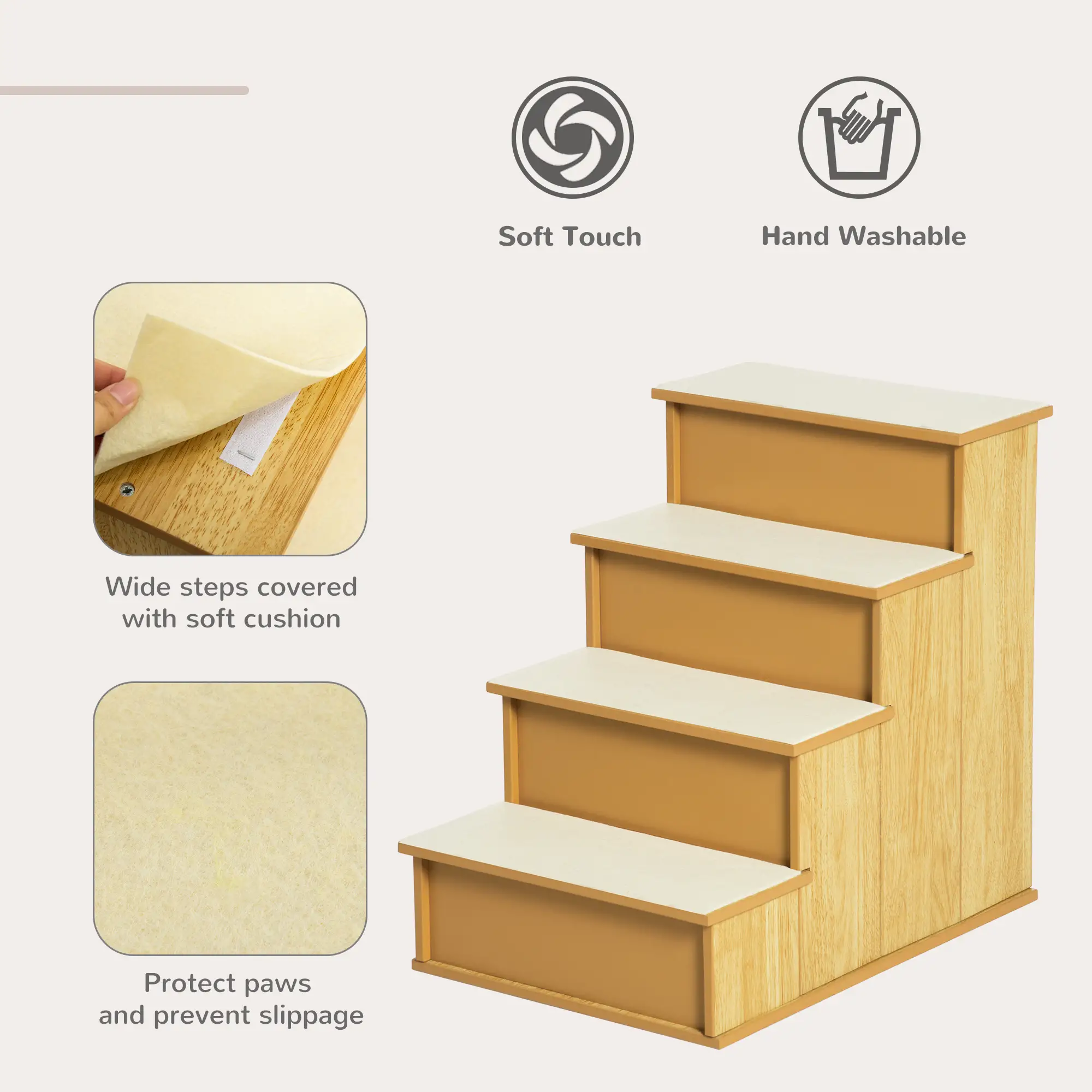 Dog Steps, Pet Stairs for Bed, Cat Ladder for Couch, Non-Slip Carpet, 15.7" x 23.2" x 21.3", Natural Wood - Image 4