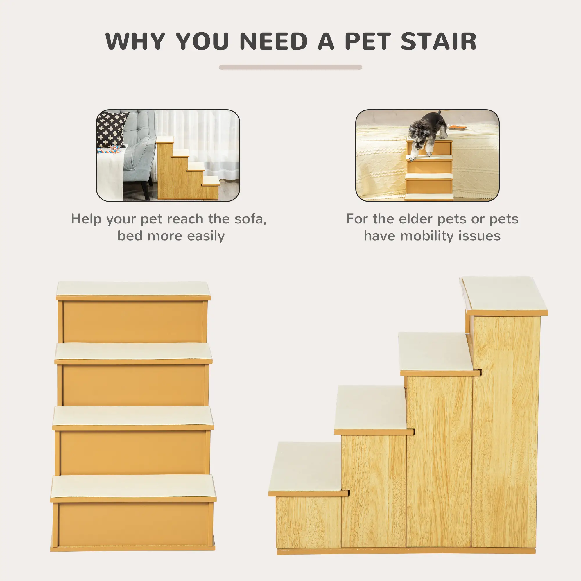 Dog Steps, Pet Stairs for Bed, Cat Ladder for Couch, Non-Slip Carpet, 15.7" x 23.2" x 21.3", Natural Wood - Image 5