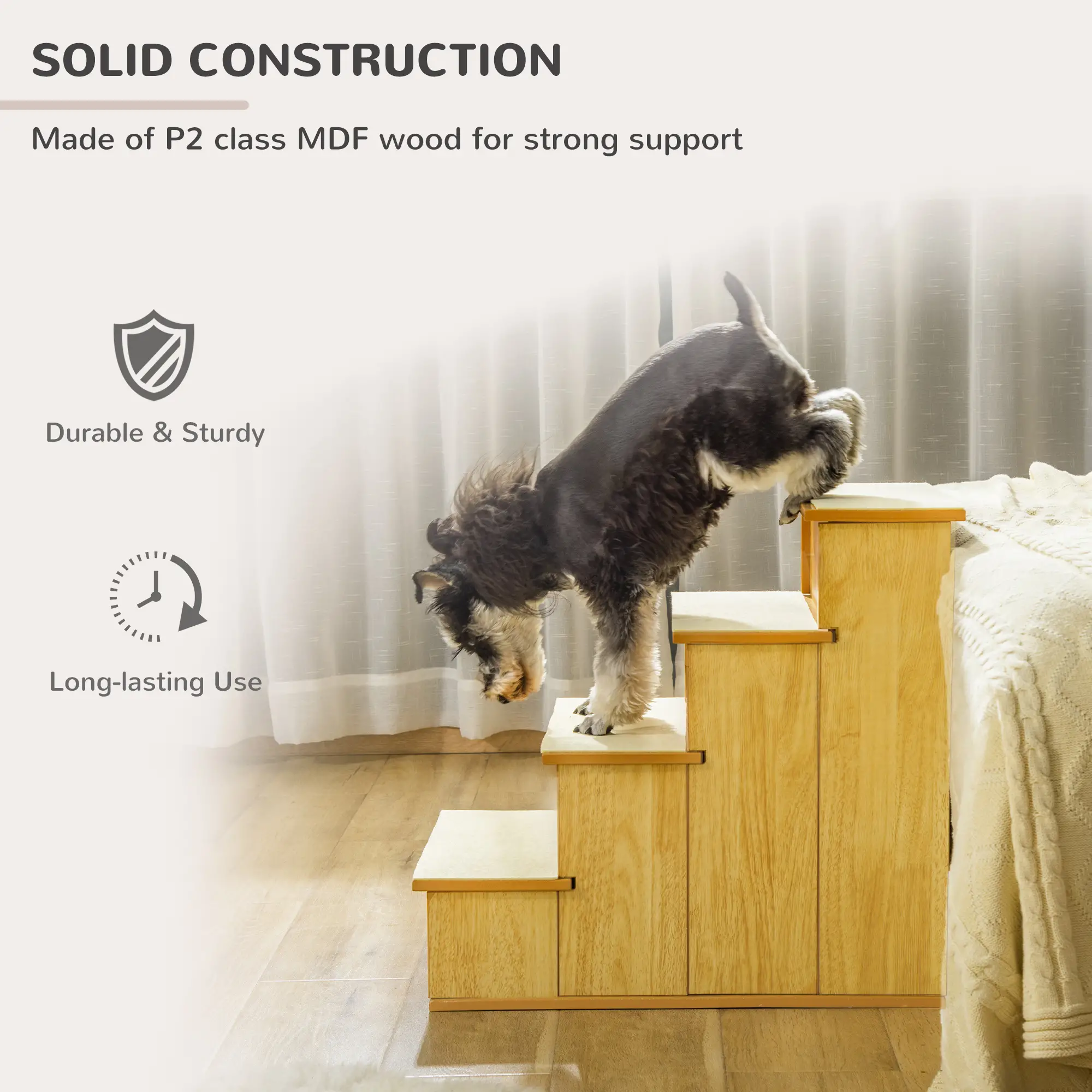 Dog Steps, Pet Stairs for Bed, Cat Ladder for Couch, Non-Slip Carpet, 15.7" x 23.2" x 21.3", Natural Wood - Image 6