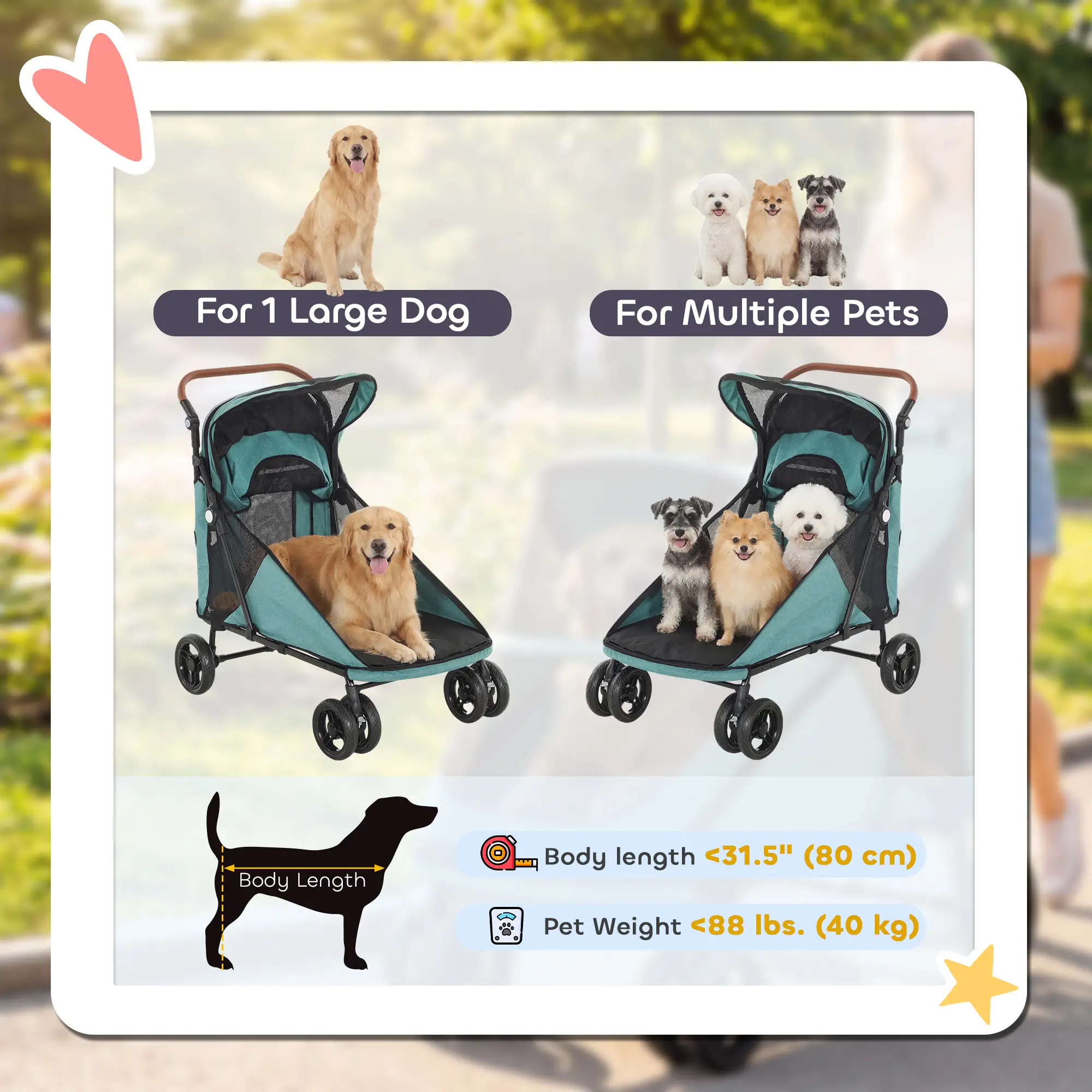 Dog Stroller for Large Dogs Up to 66 Lbs, 4-Wheel Shock Absorption, Turquoise - Image 4