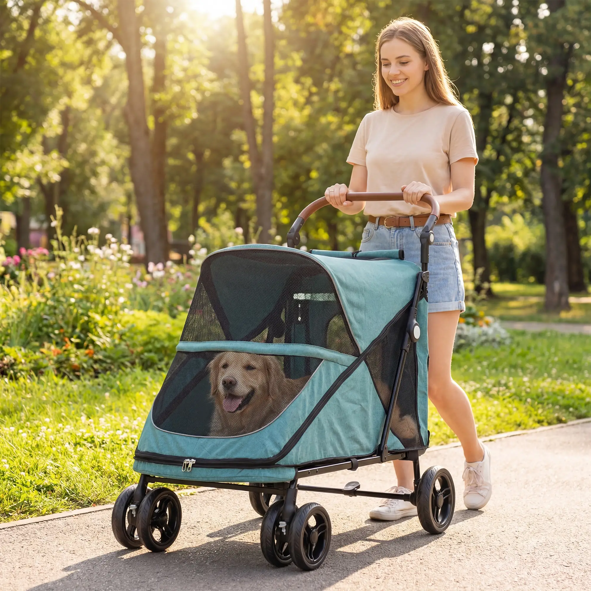 Dog Stroller for Large Dogs Up to 66 Lbs, 4-Wheel Shock Absorption, Turquoise - Image 8
