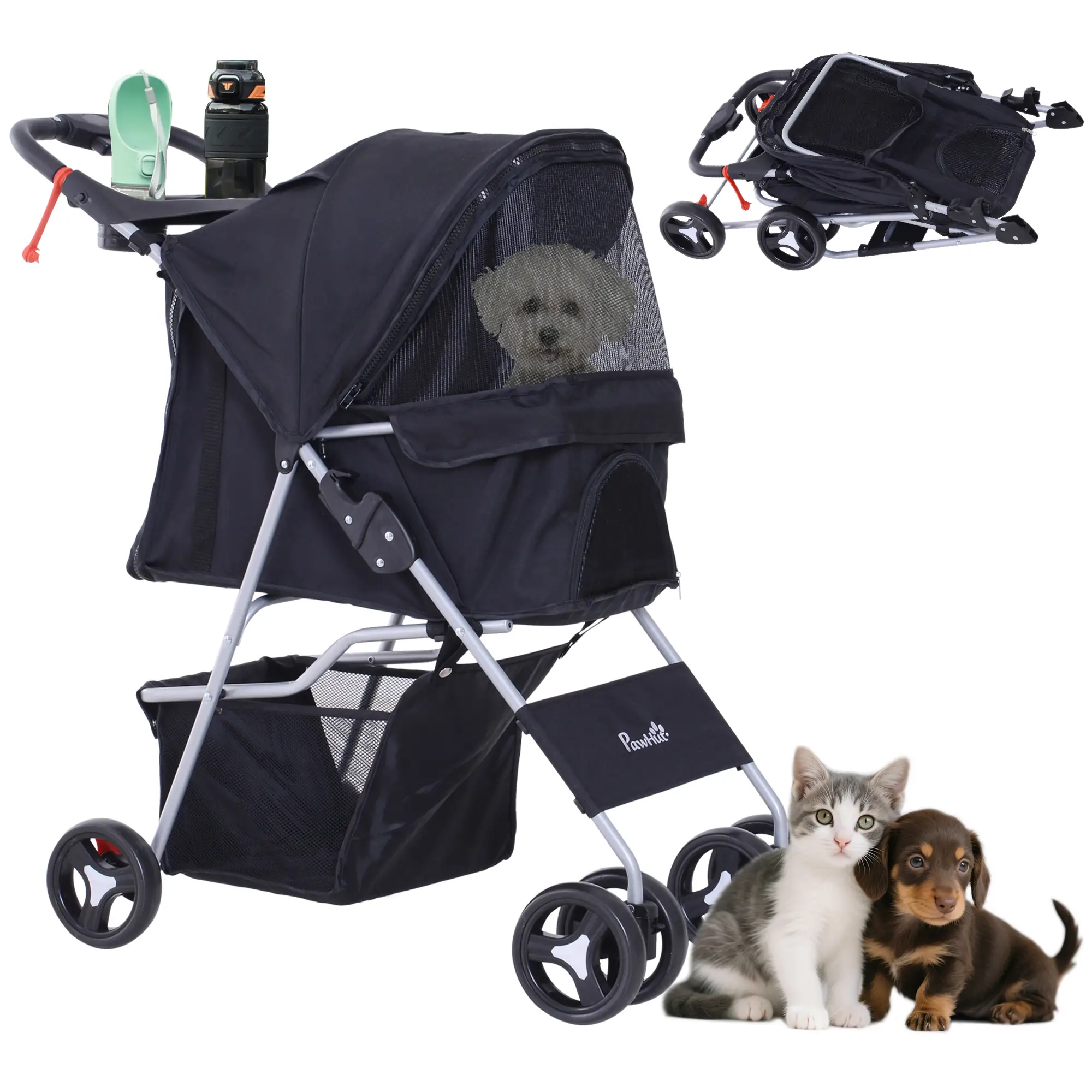 Dog Stroller, One-Click Folding, 4 Wheels, Storage Basket, XS/Small, Black