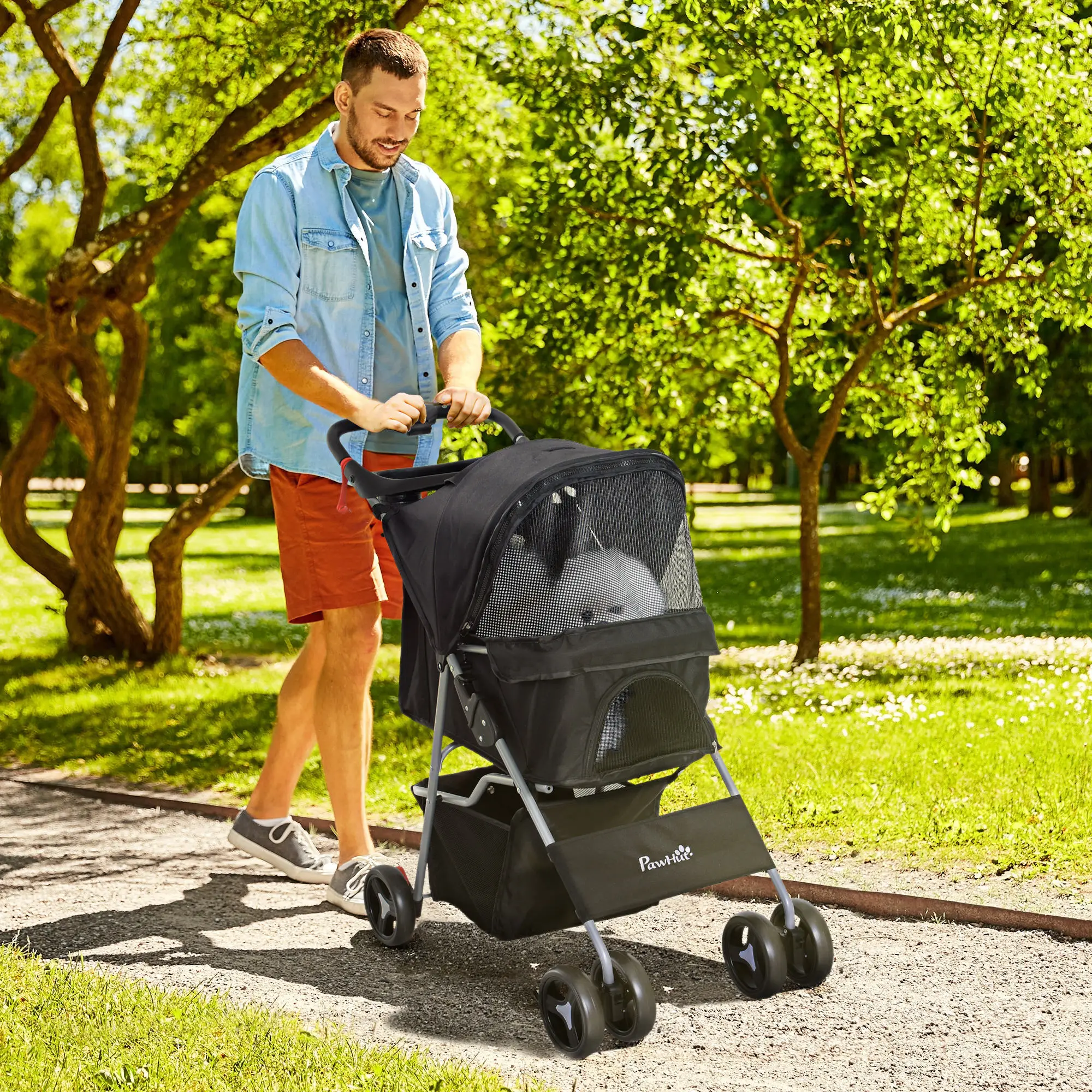 Dog Stroller, One-Click Folding, 4 Wheels, Storage Basket, XS/Small, Black - Image 2