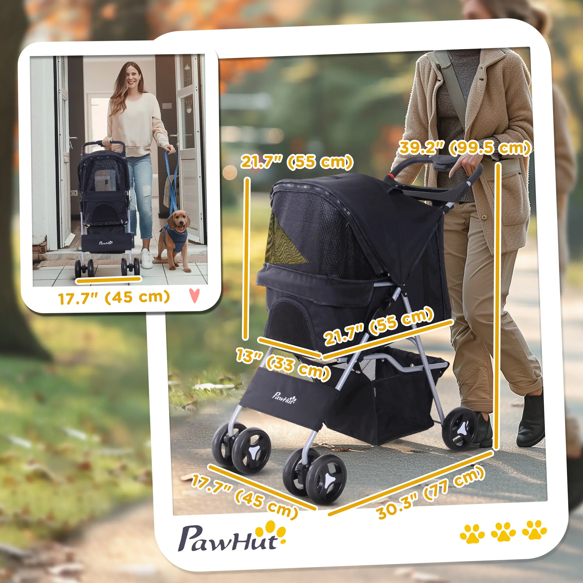 Dog Stroller, One-Click Folding, 4 Wheels, Storage Basket, XS/Small, Black - Image 3