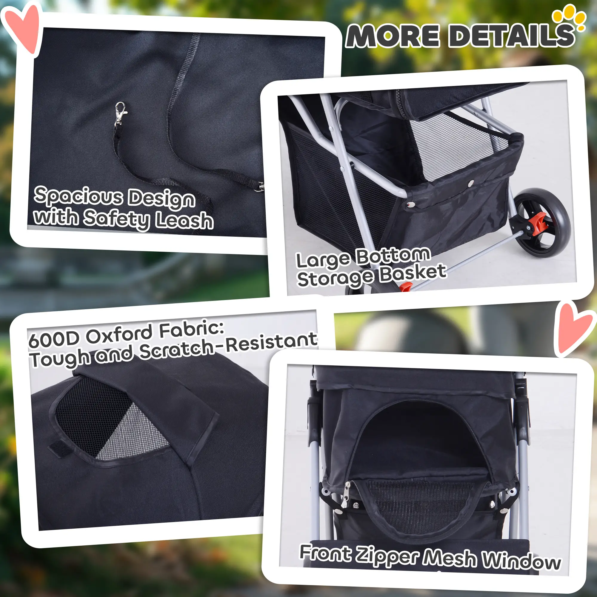 Dog Stroller, One-Click Folding, 4 Wheels, Storage Basket, XS/Small, Black - Image 4