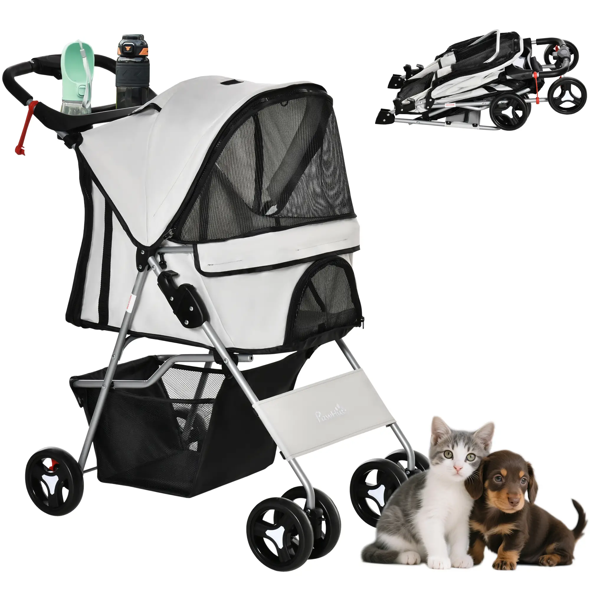Dog Stroller, One-Click Folding, 4 Wheels, Storage Basket, XS/Small, Grey