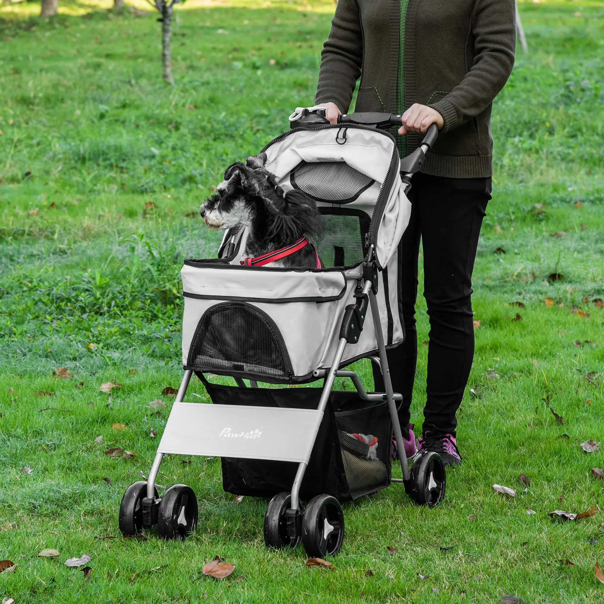 Dog Stroller, One-Click Folding, 4 Wheels, Storage Basket, XS/Small, Grey - Image 2