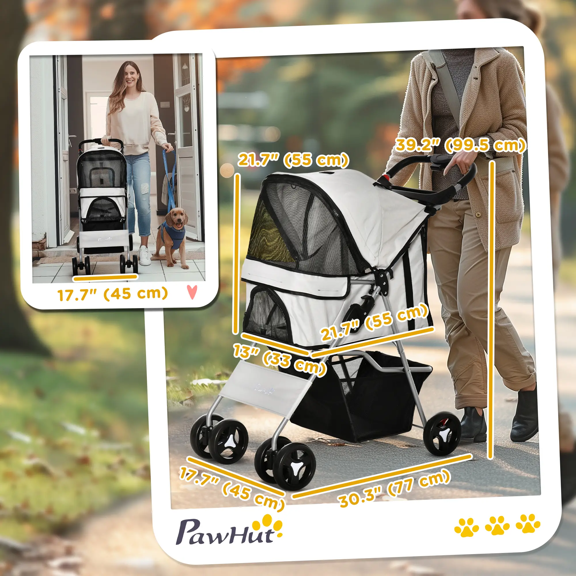 Dog Stroller, One-Click Folding, 4 Wheels, Storage Basket, XS/Small, Grey - Image 3