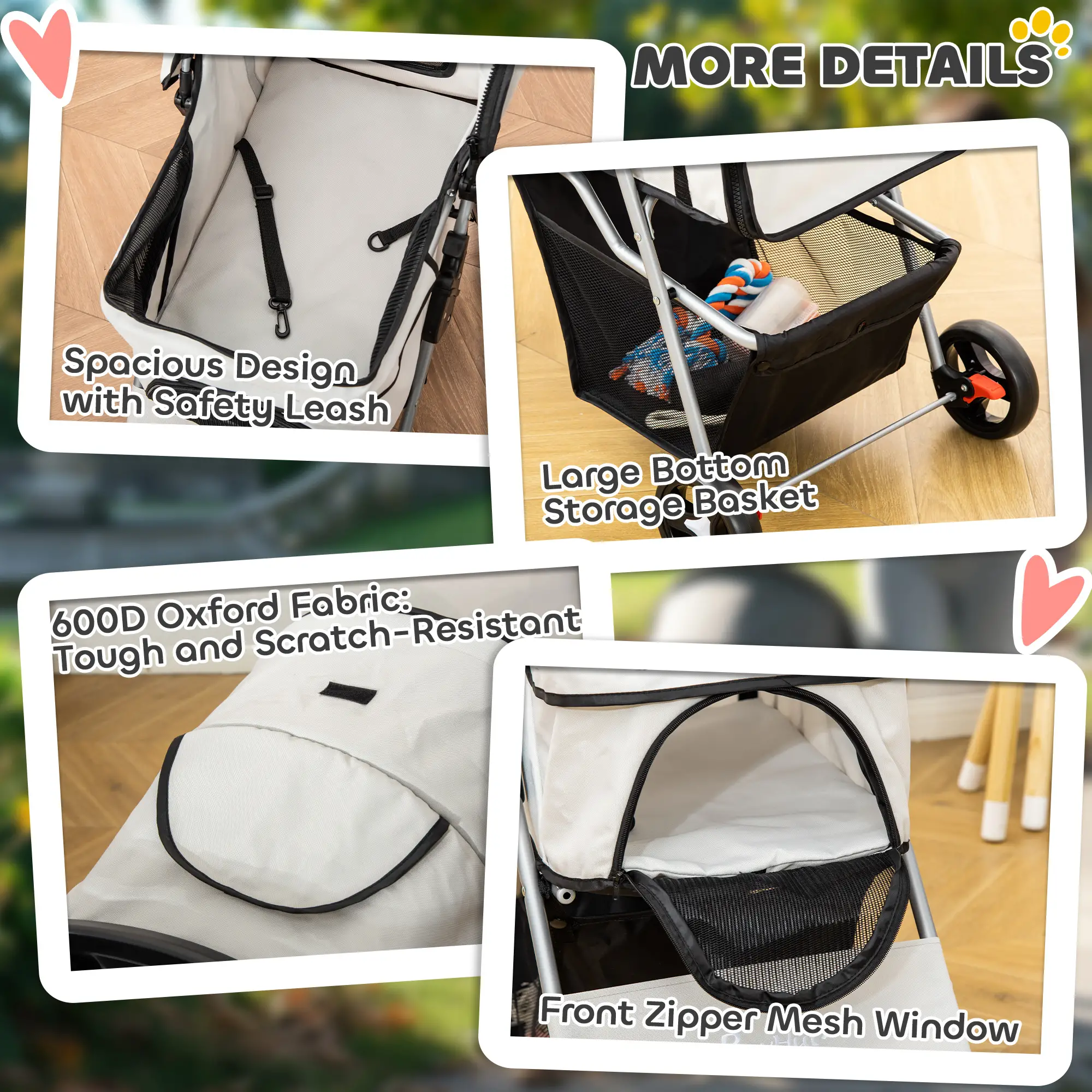 Dog Stroller, One-Click Folding, 4 Wheels, Storage Basket, XS/Small, Grey - Image 4