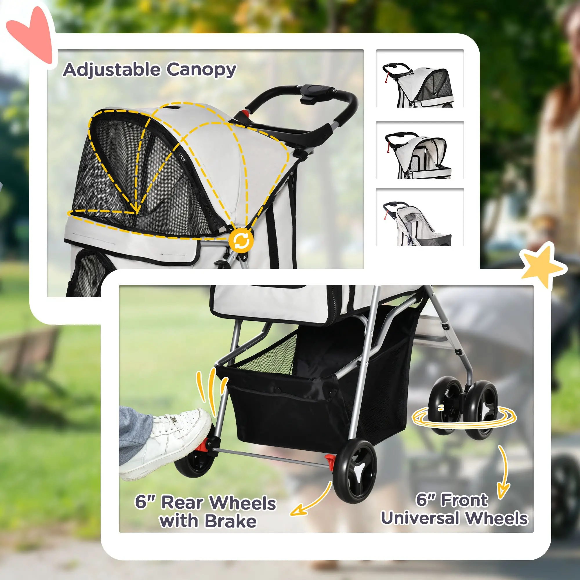 Dog Stroller, One-Click Folding, 4 Wheels, Storage Basket, XS/Small, Grey - Image 7