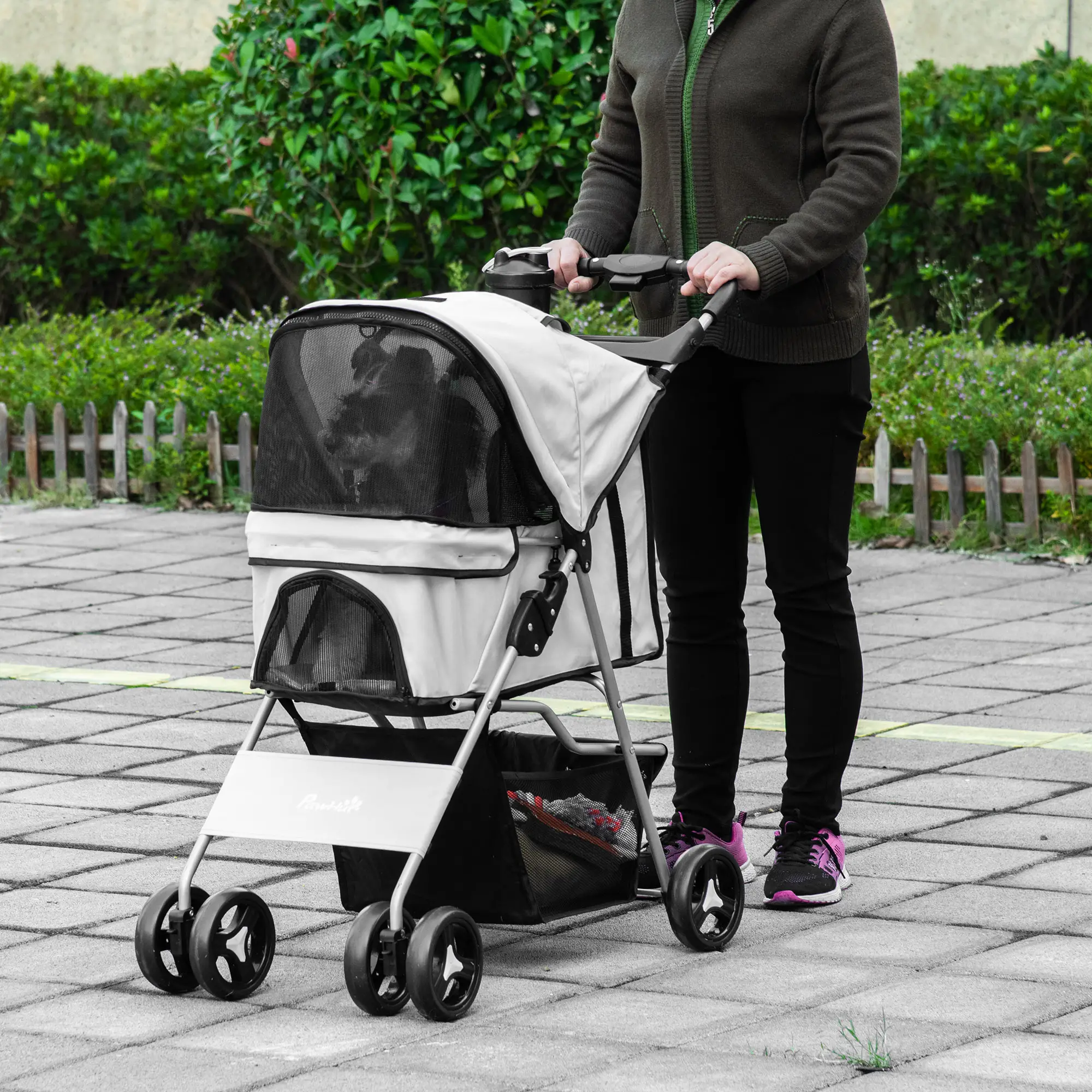 Dog Stroller, One-Click Folding, 4 Wheels, Storage Basket, XS/Small, Grey - Image 8