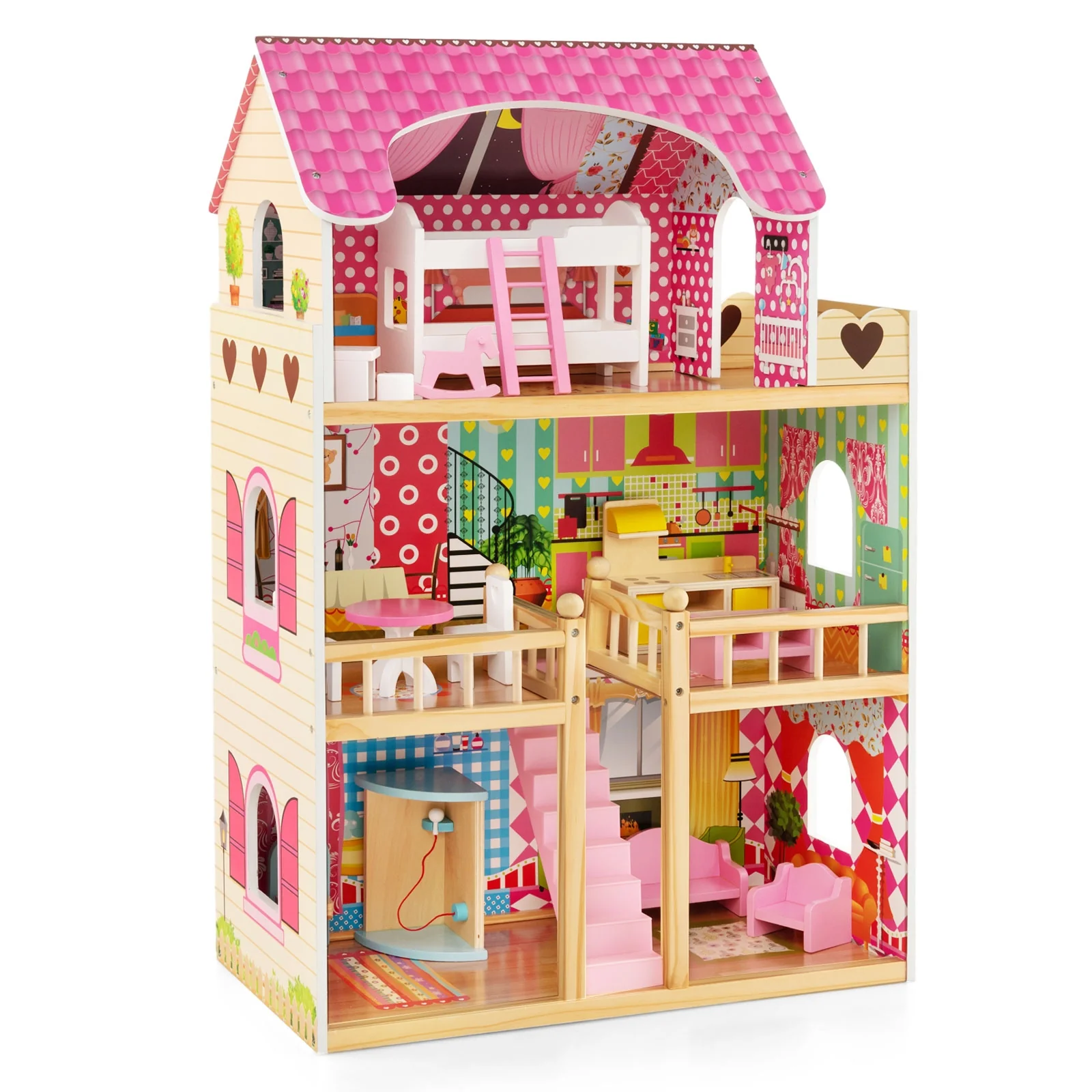 Doll House Playset, 3 Stories, 6 Rooms, 15 Furniture Pieces, Pink