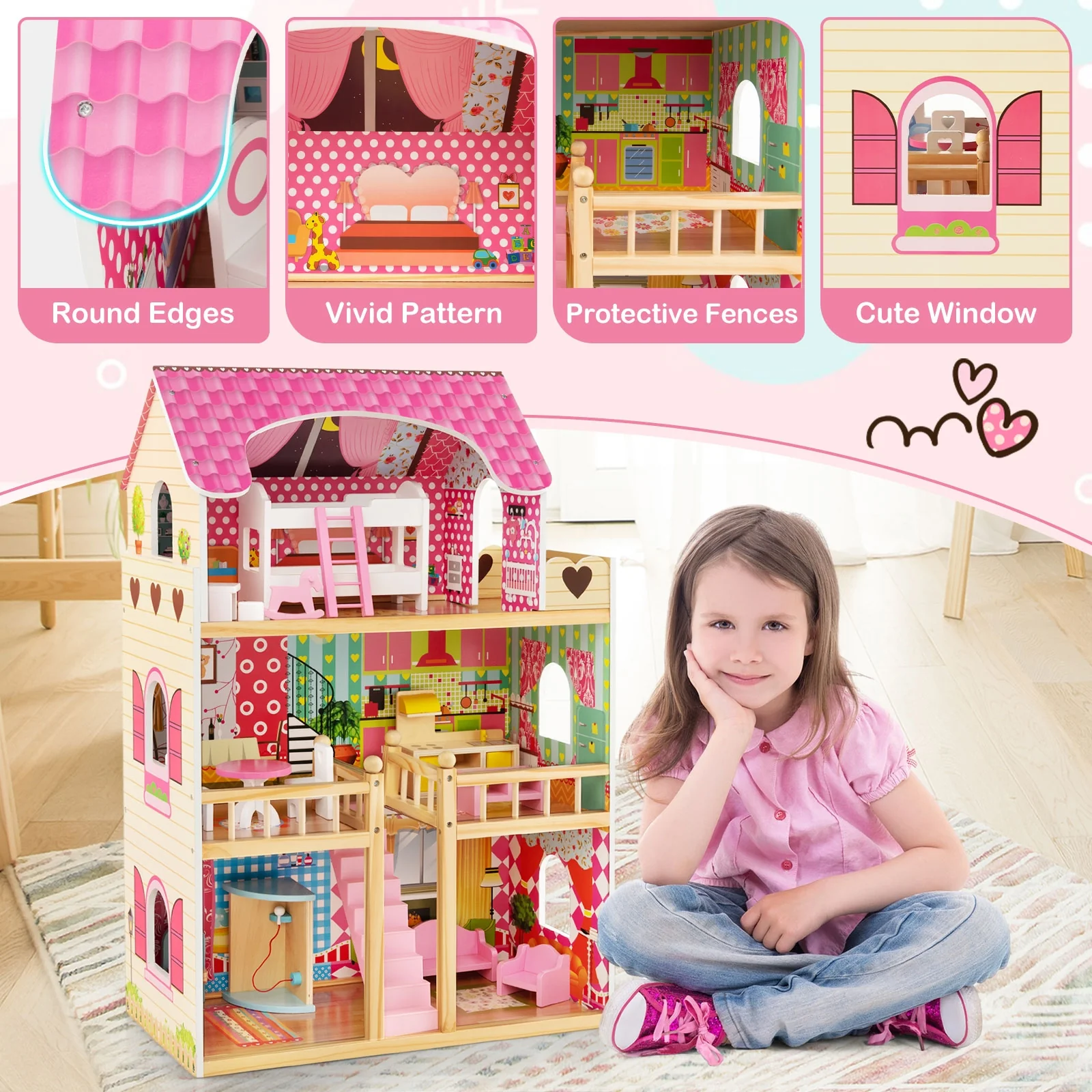 Doll House Playset, 3 Stories, 6 Rooms, 15 Furniture Pieces, Pink - Image 10