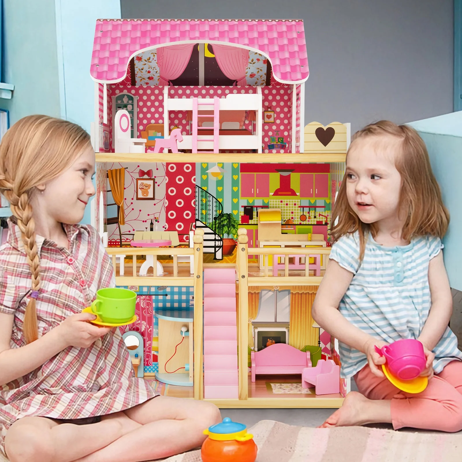 Doll House Playset, 3 Stories, 6 Rooms, 15 Furniture Pieces, Pink - Image 2