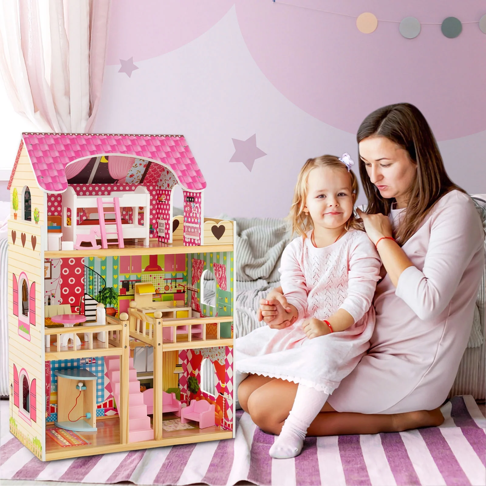 Doll House Playset, 3 Stories, 6 Rooms, 15 Furniture Pieces, Pink - Image 3