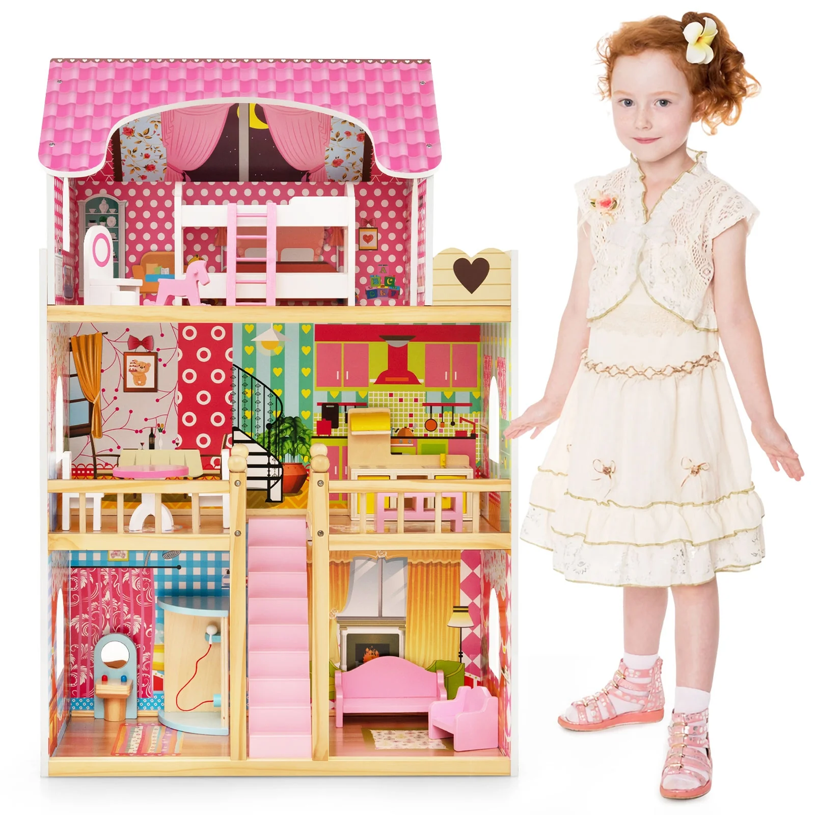Doll House Playset, 3 Stories, 6 Rooms, 15 Furniture Pieces, Pink - Image 5