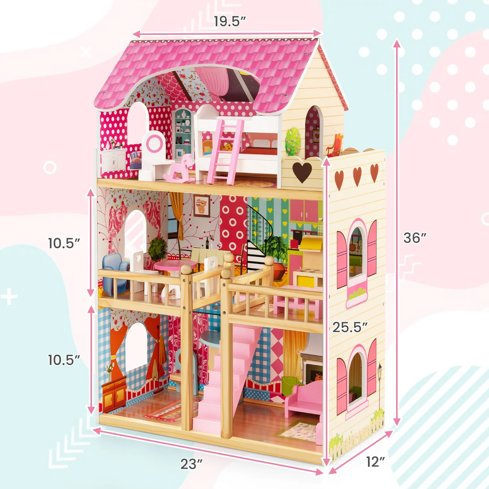 Doll House Playset, 3 Stories, 6 Rooms, 15 Furniture Pieces, Pink - Image 6