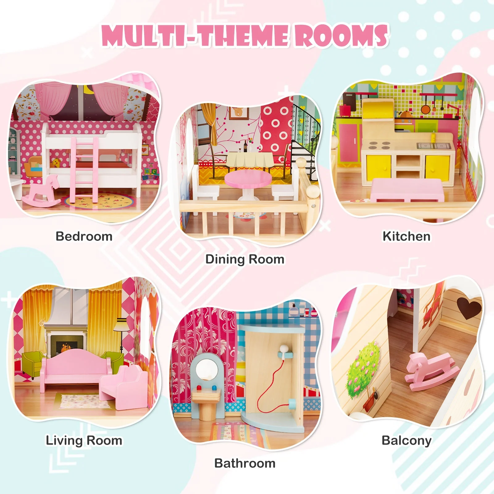 Doll House Playset, 3 Stories, 6 Rooms, 15 Furniture Pieces, Pink - Image 8