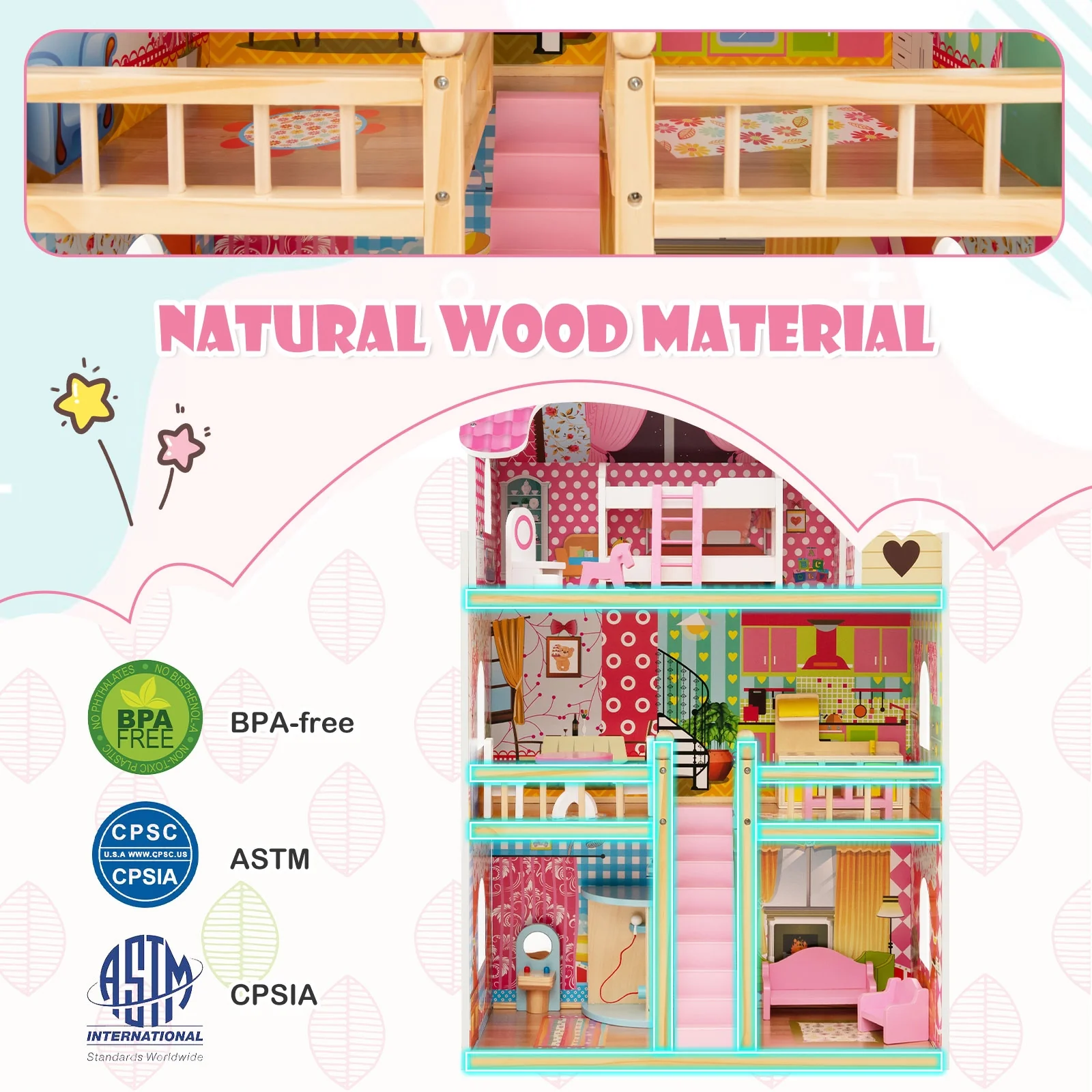 Doll House Playset, 3 Stories, 6 Rooms, 15 Furniture Pieces, Pink - Image 9