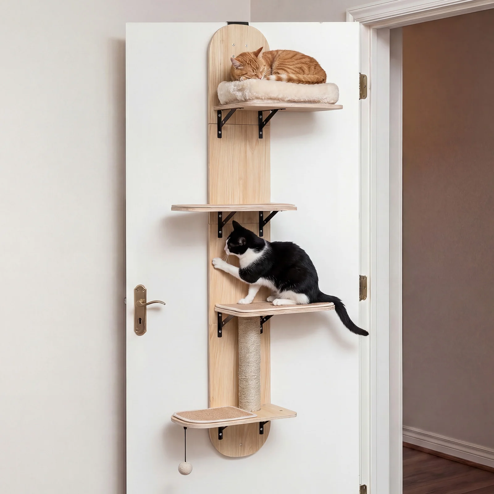 Door Hanging Cat Climber 4-level Height Adjustable with Plush Bed, Beige - Image 3