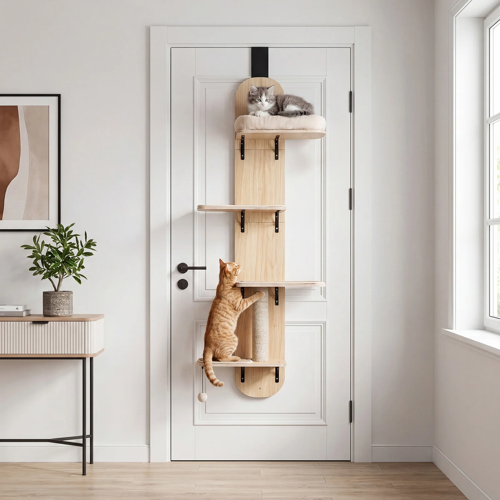 Door Hanging Cat Climber 4-level Height Adjustable with Plush Bed, Beige - Image 6