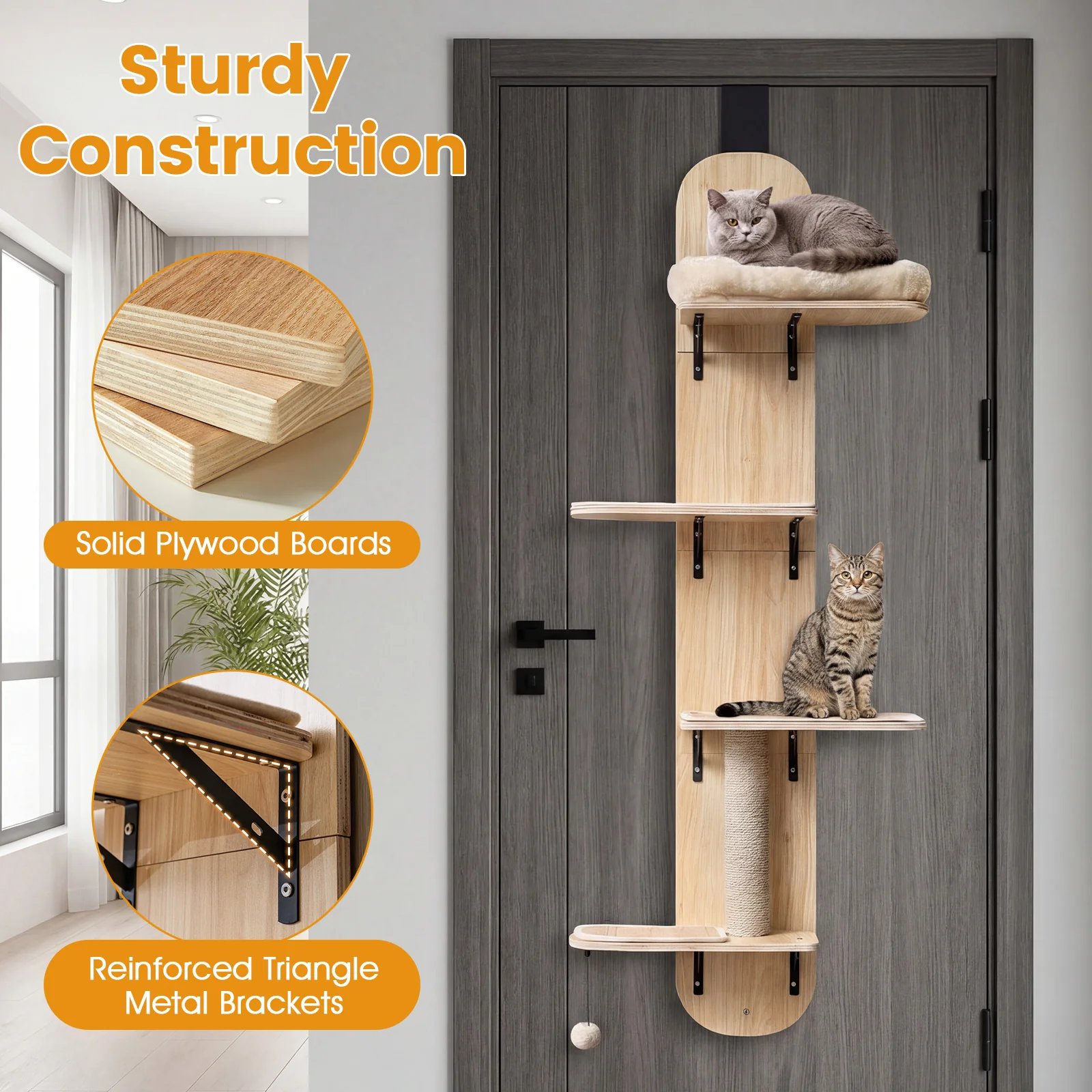 Door Hanging Cat Climber 4-level Height Adjustable with Plush Bed, Beige - Image 7