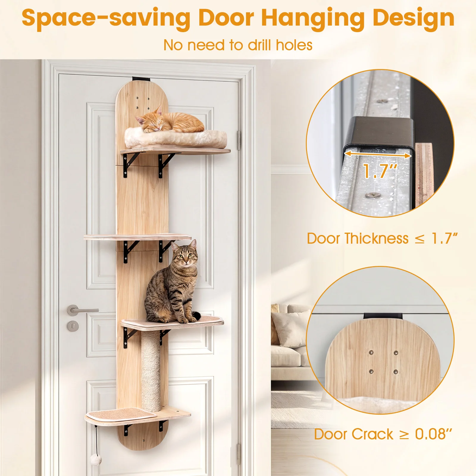 Door Hanging Cat Climber 4-level Height Adjustable with Plush Bed, Beige - Image 8