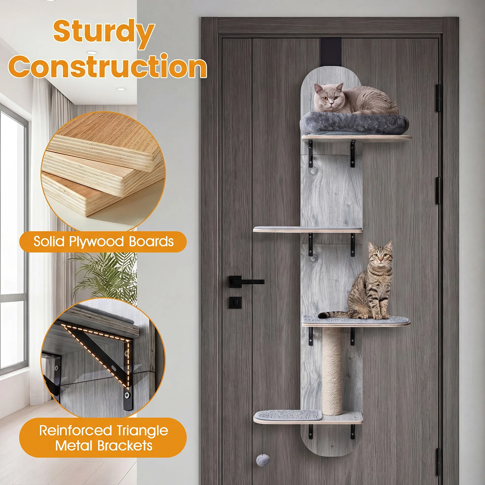 Door Hanging Cat Climber 4-level Height Adjustable with Plush Bed, Gray - Image 7