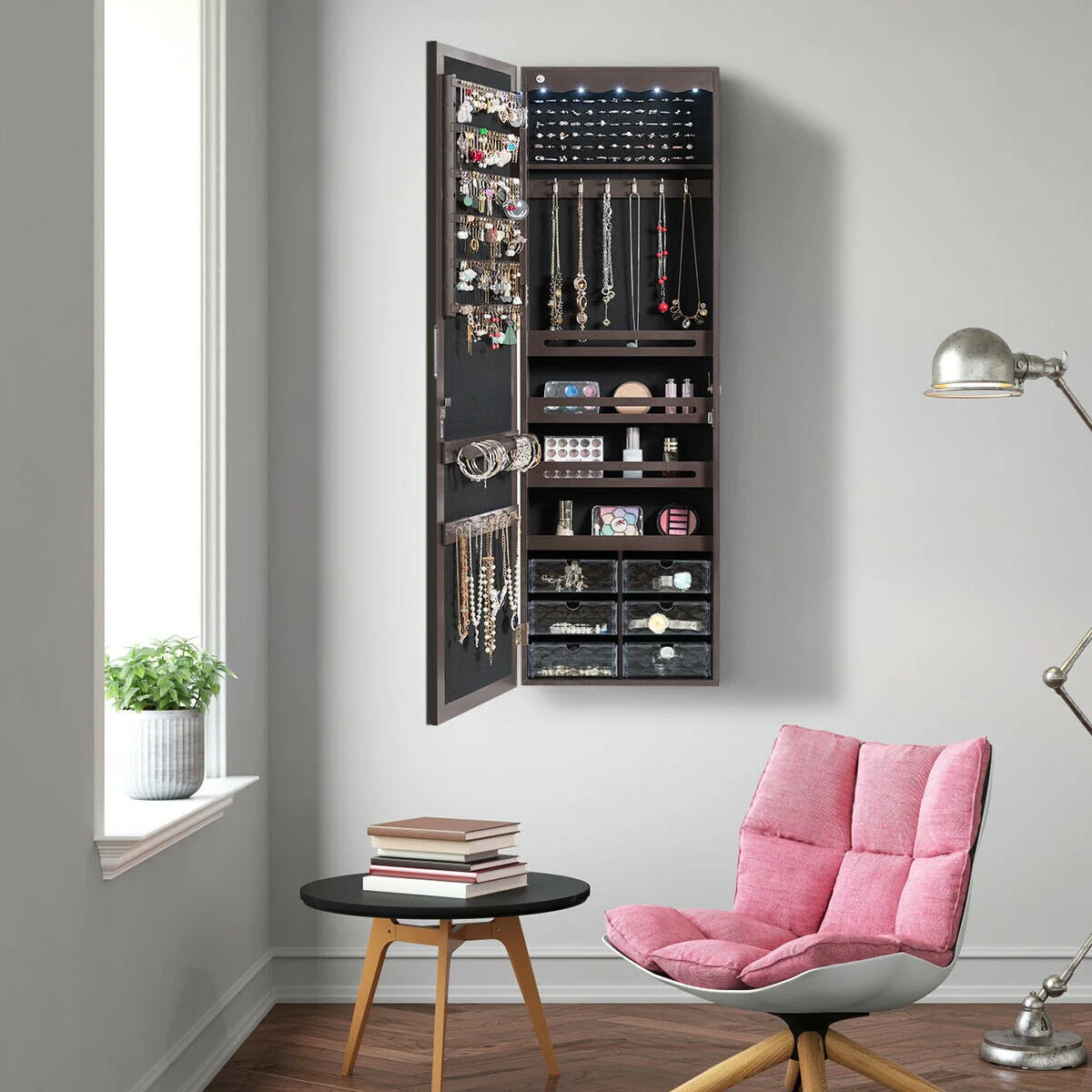 Door Hanging Mirror Jewelry Armoire, Full Length Mirror, 6 Drawers, Brown - Image 3