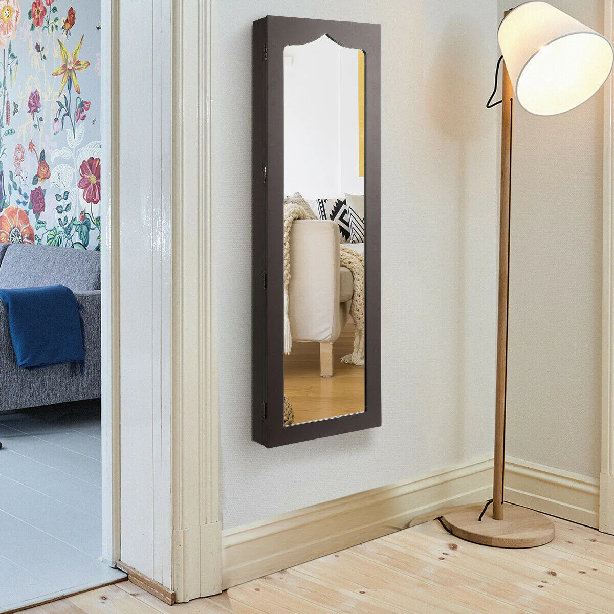 Door Hanging Mirror Jewelry Armoire, Full Length Mirror, 6 Drawers, Brown - Image 4
