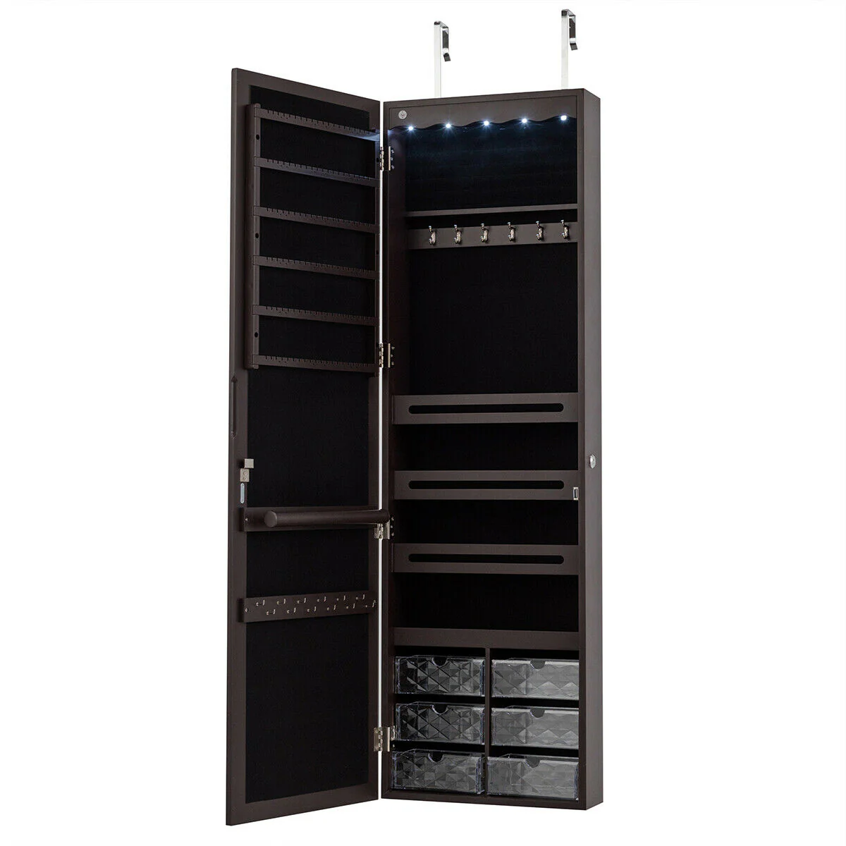 Door Hanging Mirror Jewelry Armoire, Full Length Mirror, 6 Drawers, Brown - Image 5