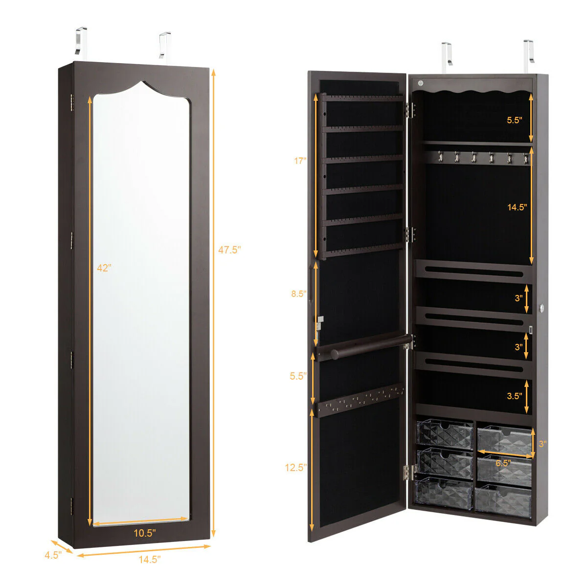 Door Hanging Mirror Jewelry Armoire, Full Length Mirror, 6 Drawers, Brown - Image 6